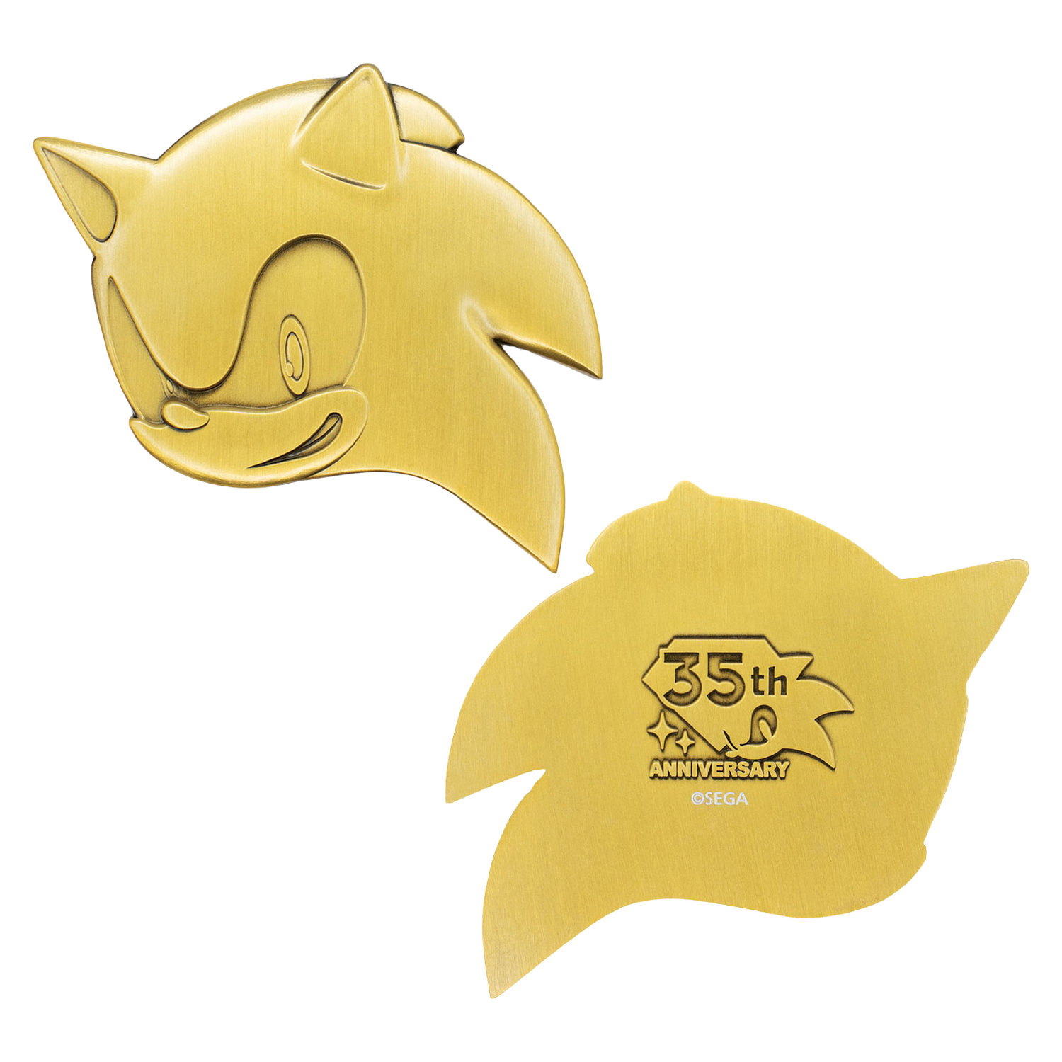 Medallón dorado del 35 aniversario de Sonic the Hedgehog sobre fondo negro.