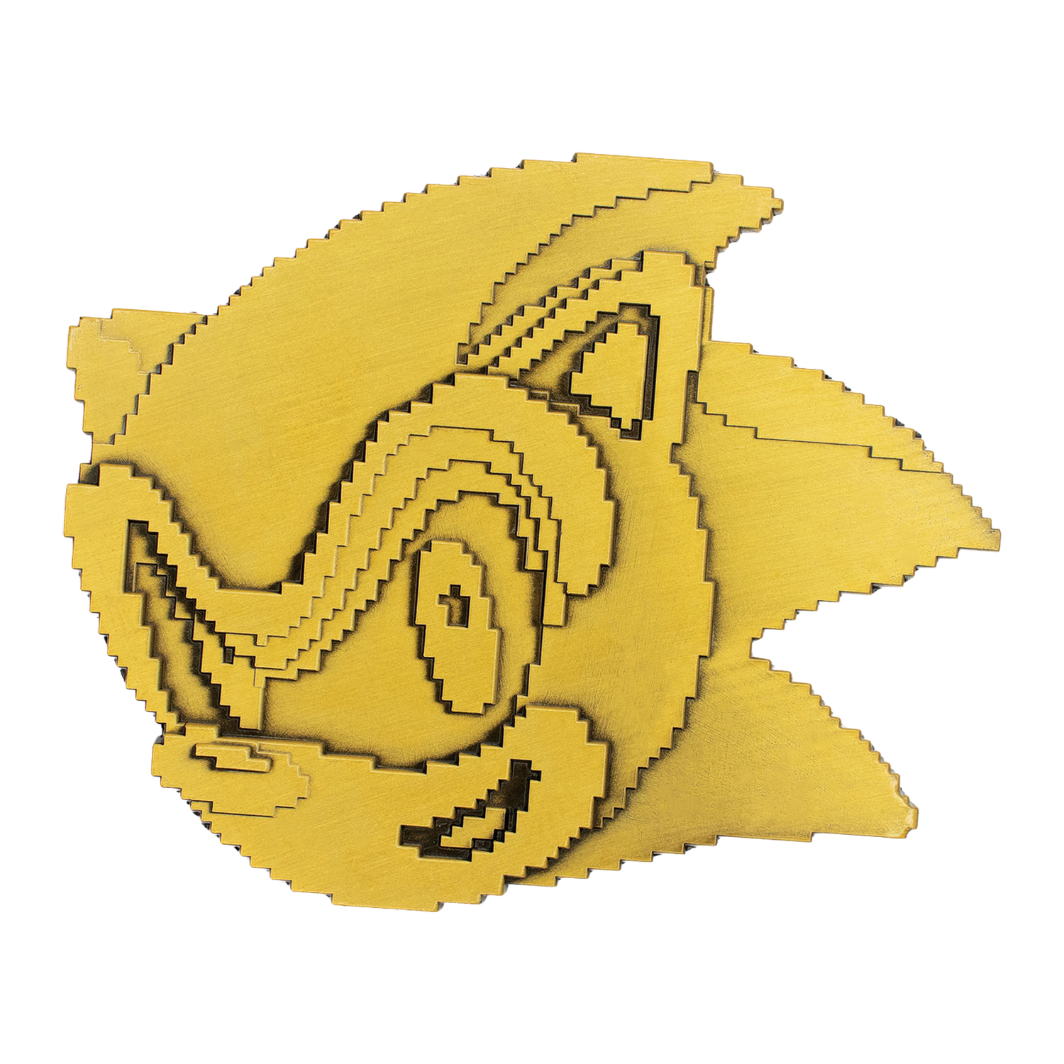 Una silueta de arte en píxeles de color dorado de Sonic the Hedgehog sobre fondo negro.