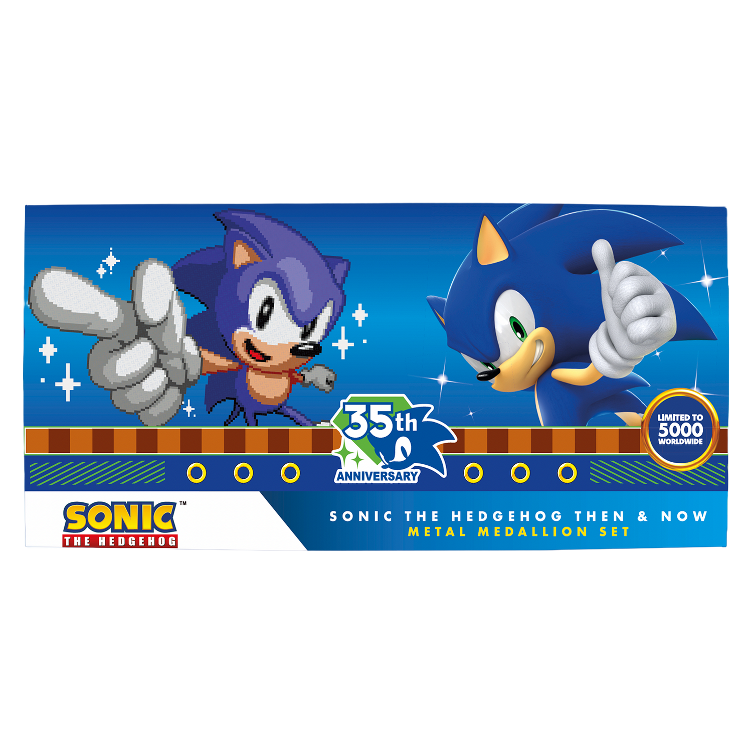 Caja del set aniversario de Sonic the Hedgehog con ilustraciones de Sonic retro y moderno sobre fondo azul.