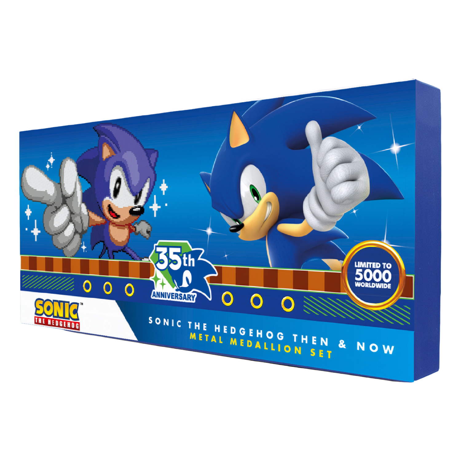 Caja del set de medallones metálicos Sonic the Hedgehog Then & Now con arte clásico y moderno.