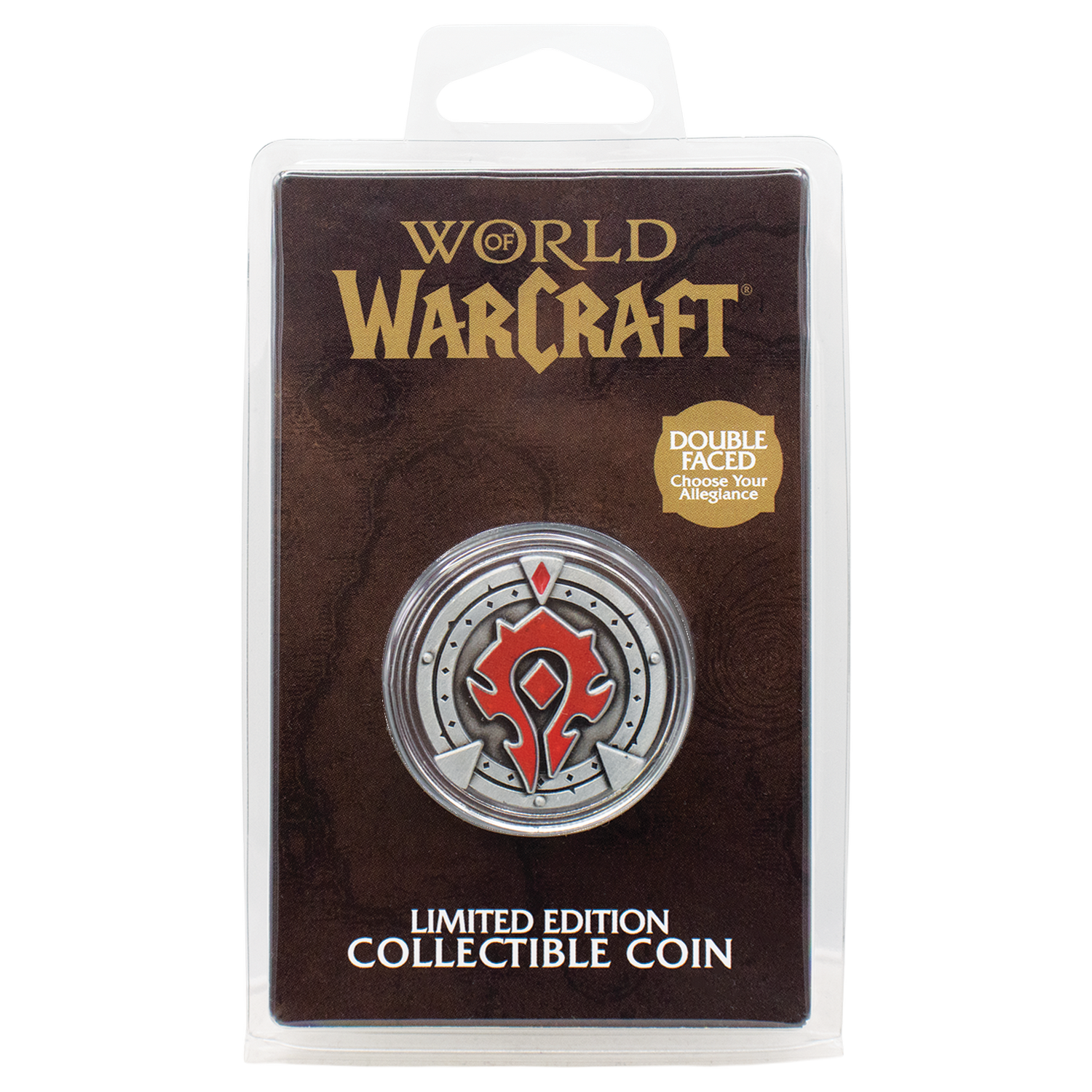 Moneda coleccionable de edición limitada de World of Warcraft en embalaje de plástico sellado.