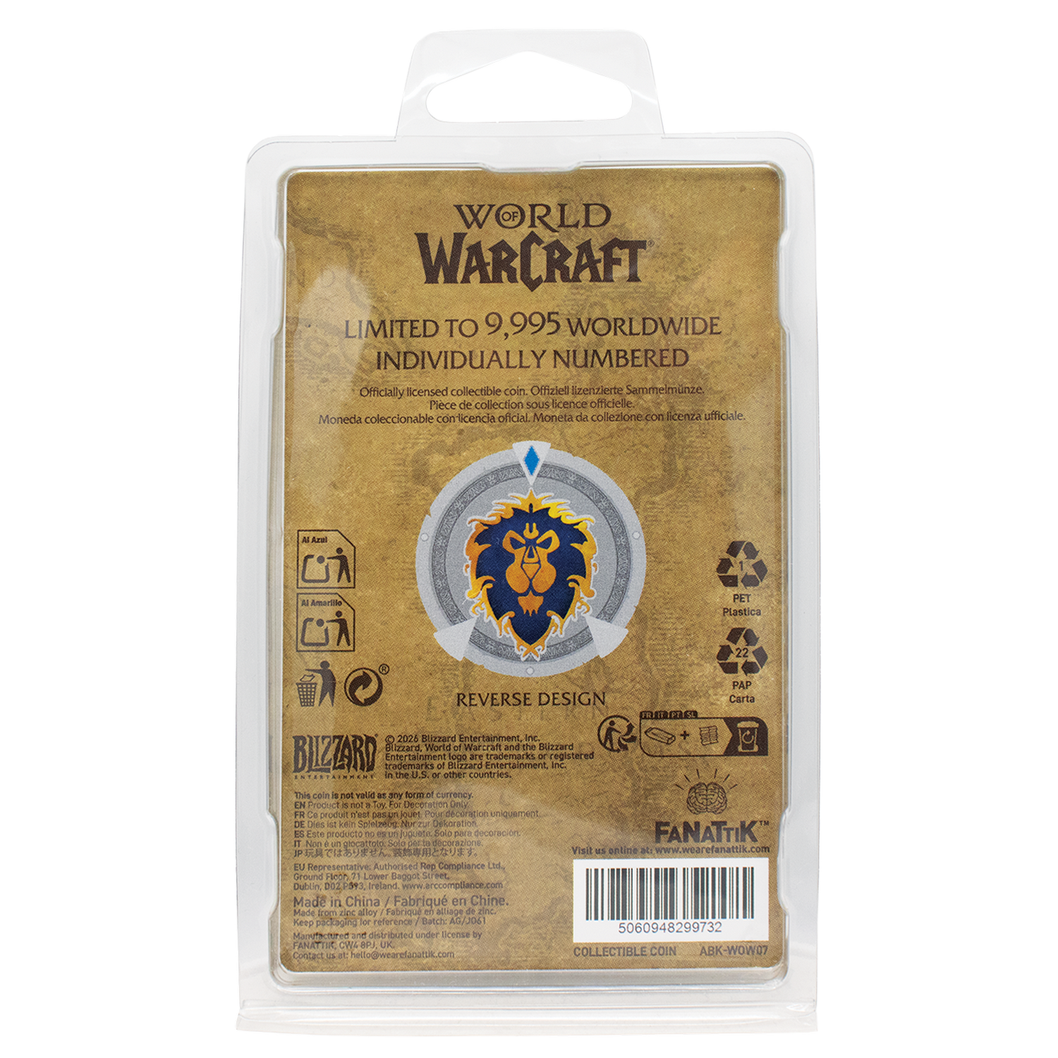 Parte trasera del embalaje de una moneda coleccionable de World of Warcraft con el logo de la Alianza.