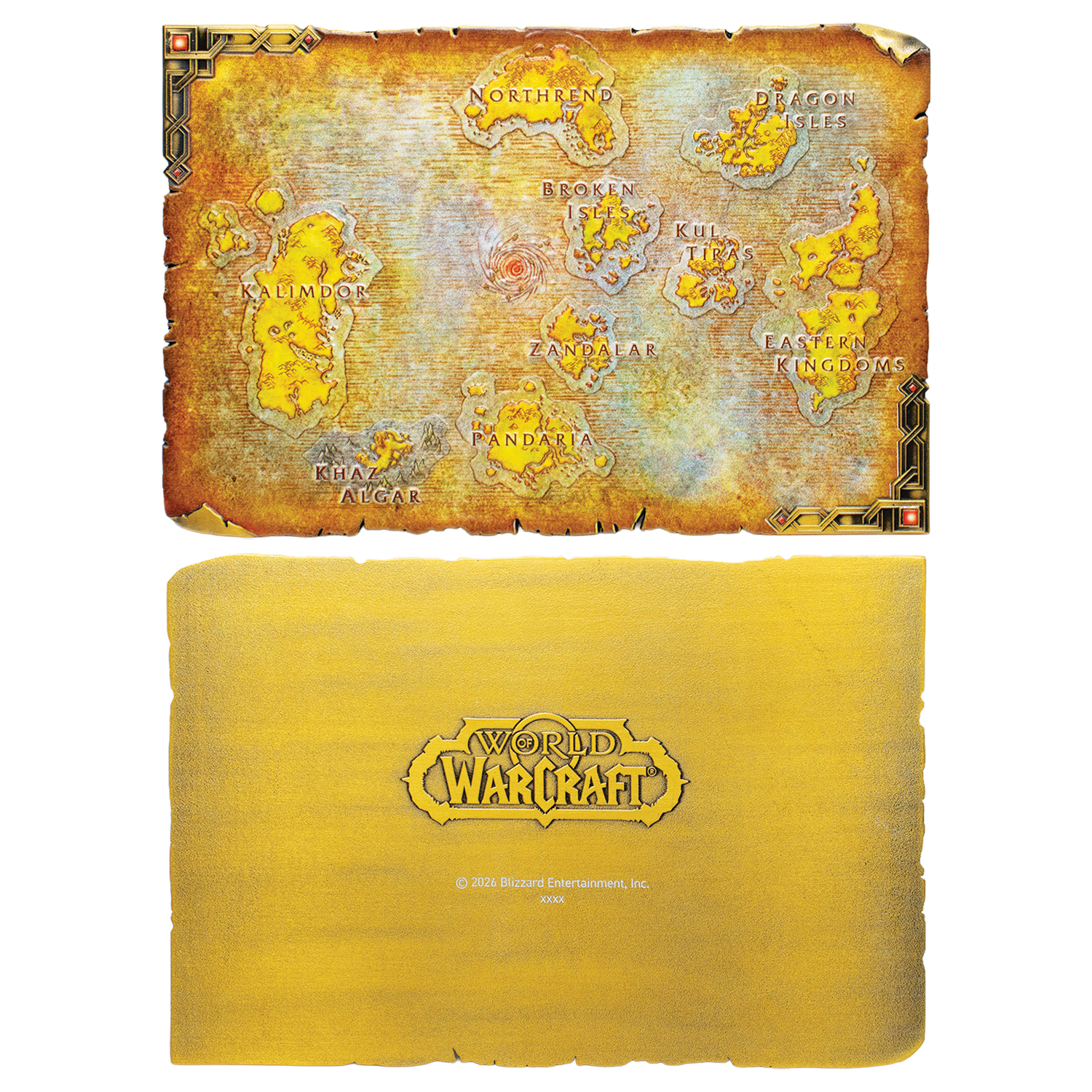 Mapa de World of Warcraft con continentes arriba y el logotipo del juego sobre fondo dorado abajo.