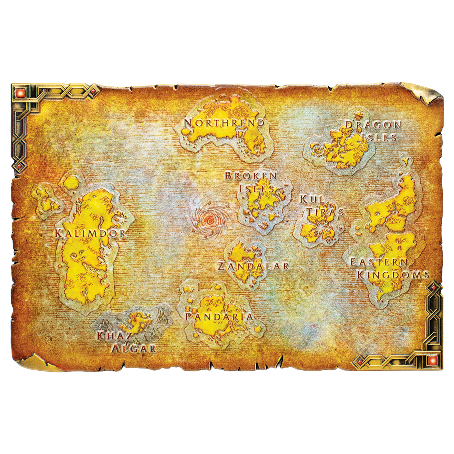 Un mapa del mundo de fantasía al estilo de un pergamino antiguo muestra continentes como Kalimdor y Rasganorte.