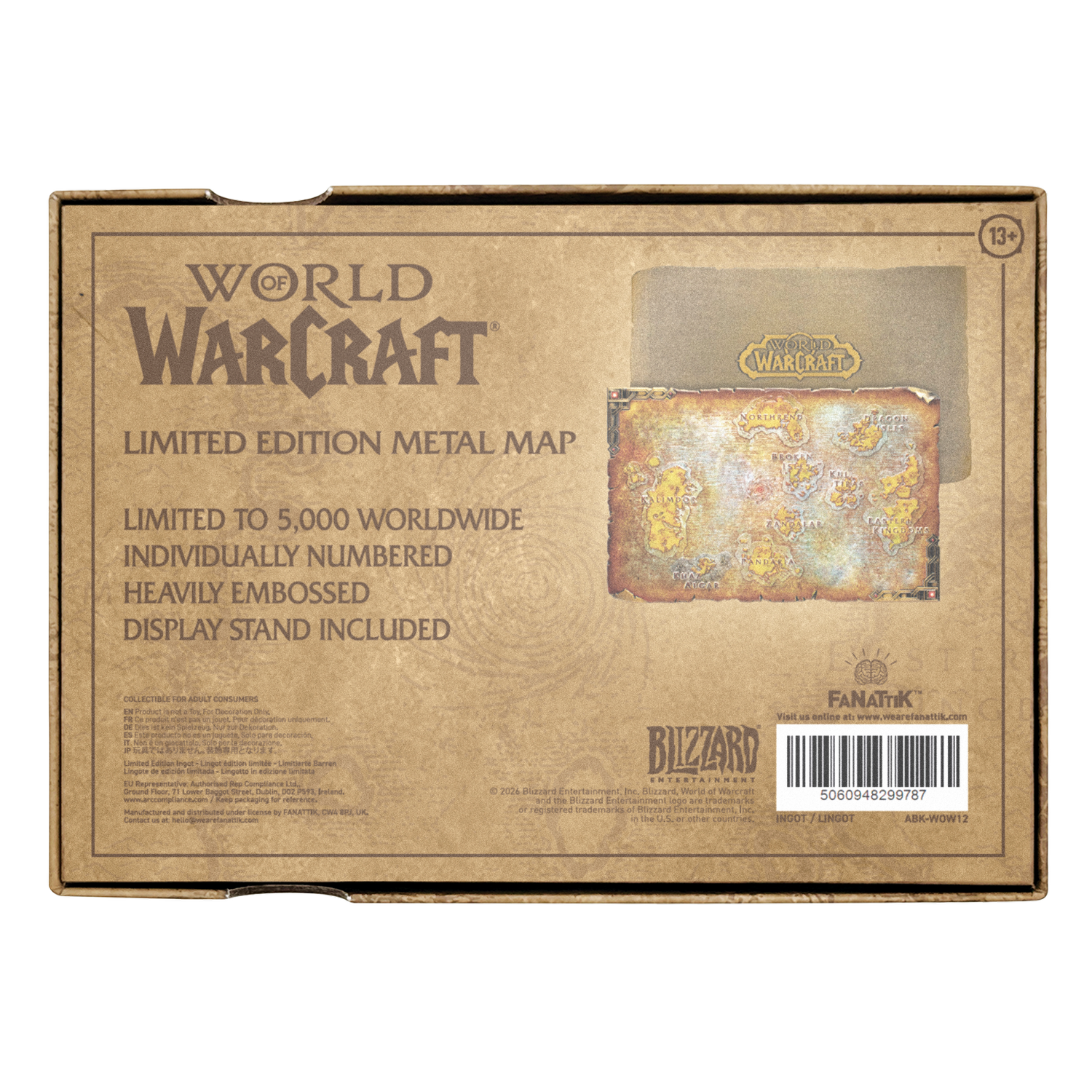 Embalaje de mapa de metal edición limitada de World of Warcraft con texto, código de barras y vista previa.