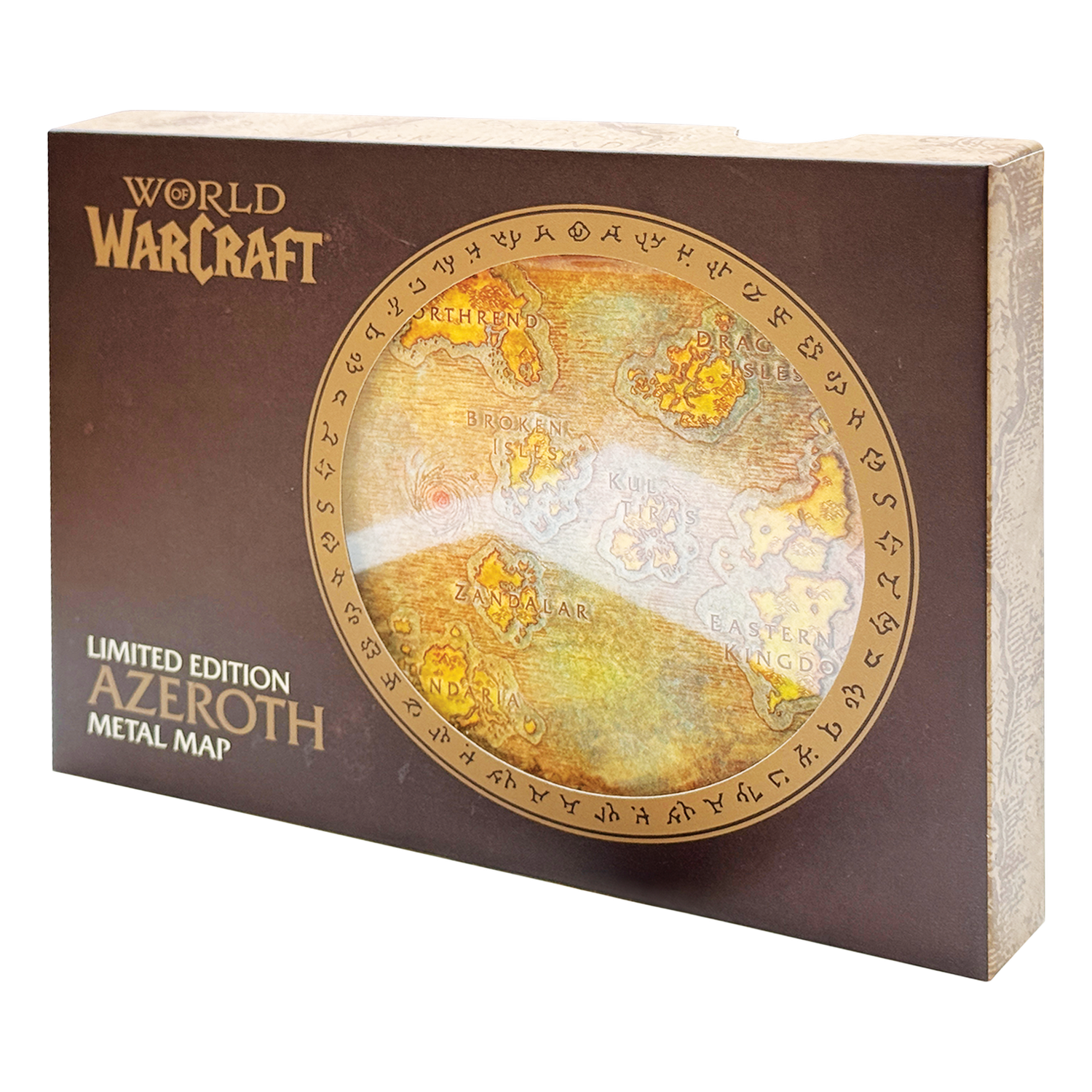 Mapa de metal Azeroth Edición Limitada de World of Warcraft en caja marrón con ventana circular.