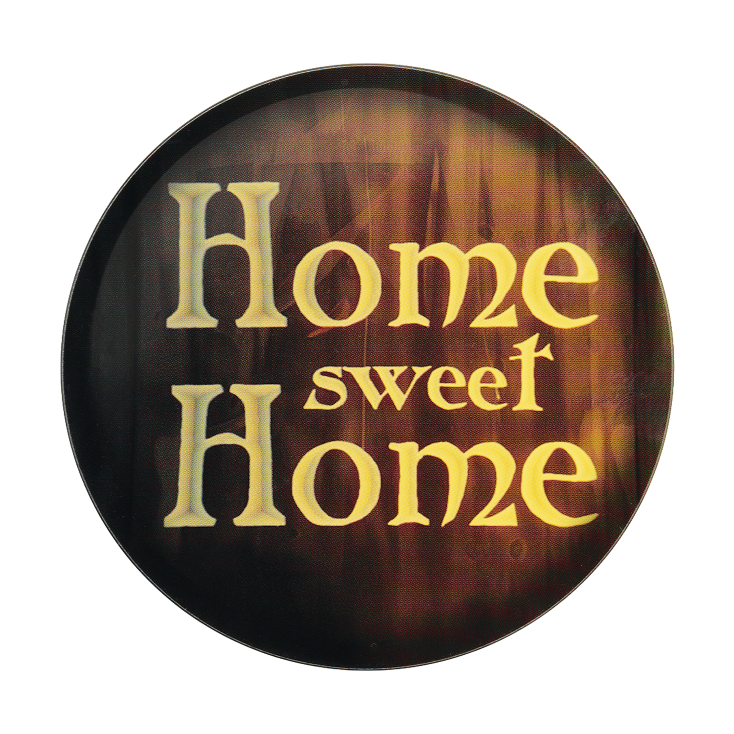 Un cartel redondo con texto amarillo que dice Home sweet Home sobre un fondo de madera marrón.