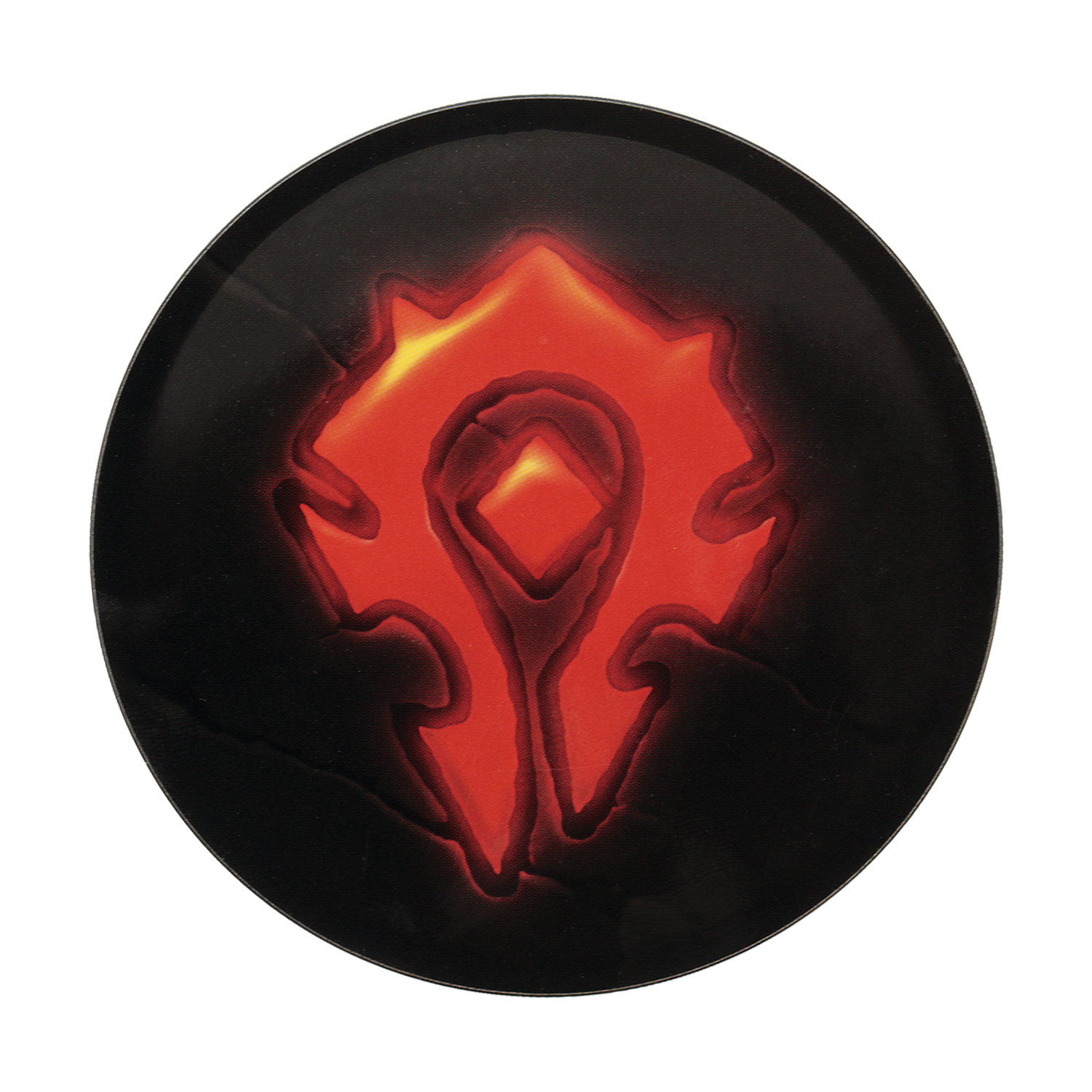 Un símbolo de la Horda de World of Warcraft rojo brillante dentro de un marco redondo sobre fondo negro.