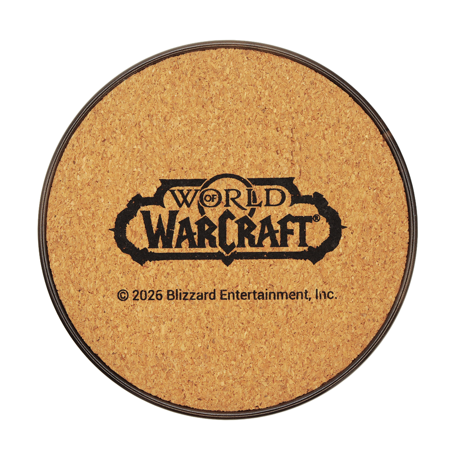 Posavasos redondo de corcho con el logotipo negro de World of Warcraft y texto de copyright.