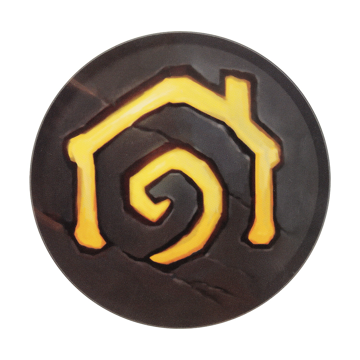 Ficha redonda gris con un icono brillante amarillo de casa y espiral sobre fondo oscuro.