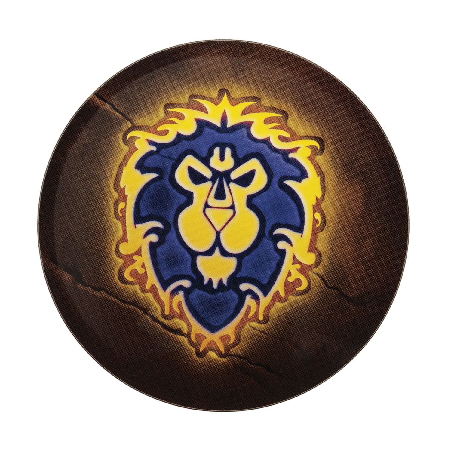 Un escudo marrón redondo con el blasón del león azul y amarillo de la Alianza de World of Warcraft.