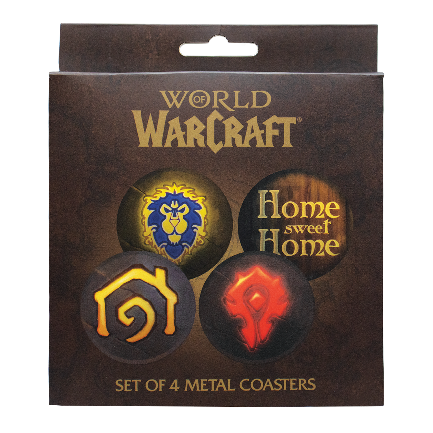 Caja que contiene cuatro posavasos metálicos de World of Warcraft con varios símbolos de facciones.