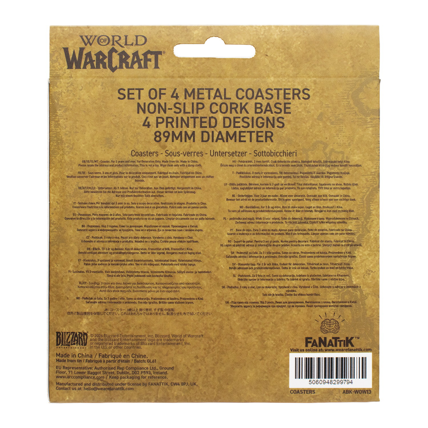 Parte posterior del empaque de cuatro posavasos metálicos de World of Warcraft con información en varios idiomas.