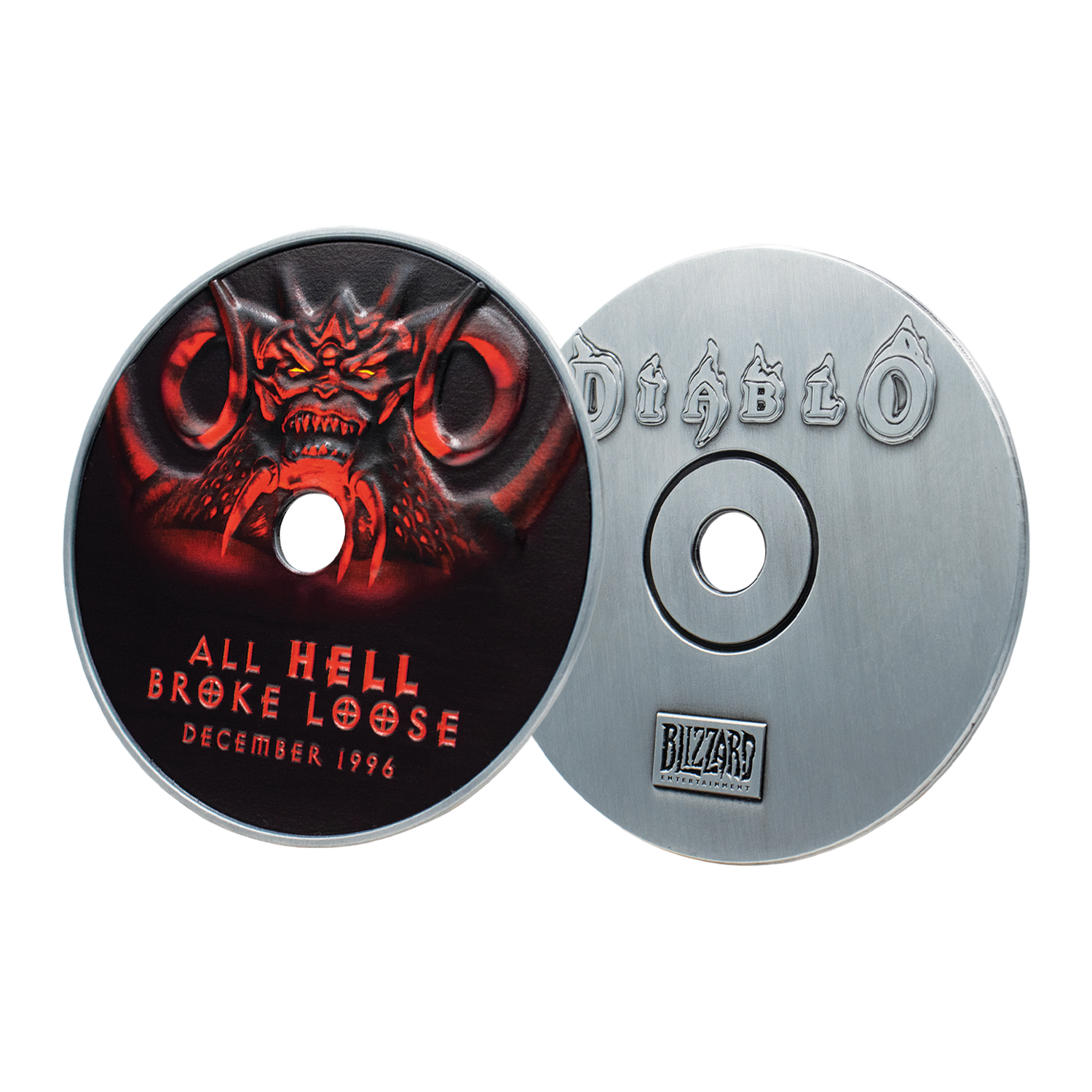 Dos CD redondos de Diablo con un diseño de demonio rojo y el logo de Blizzard en fondo negro.