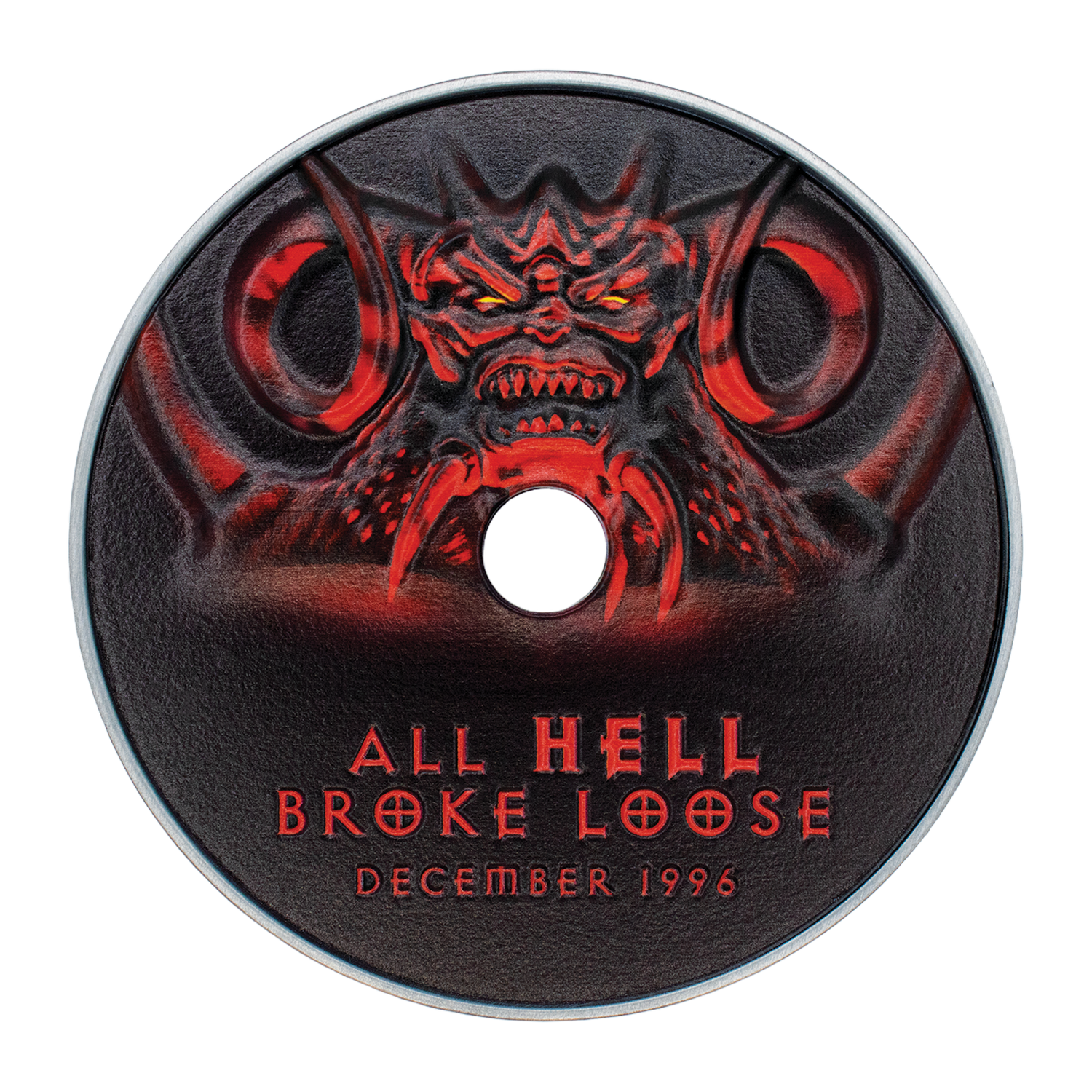 Un CD negro con un demonio rojo y texto que dice ALL HELL BROKE LOOSE DECEMBER 1996.