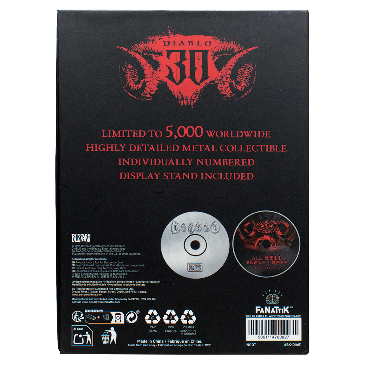Dorso de caja coleccionable negra de Diablo con logotipo rojo, texto e imágenes del coleccionable de metal.
