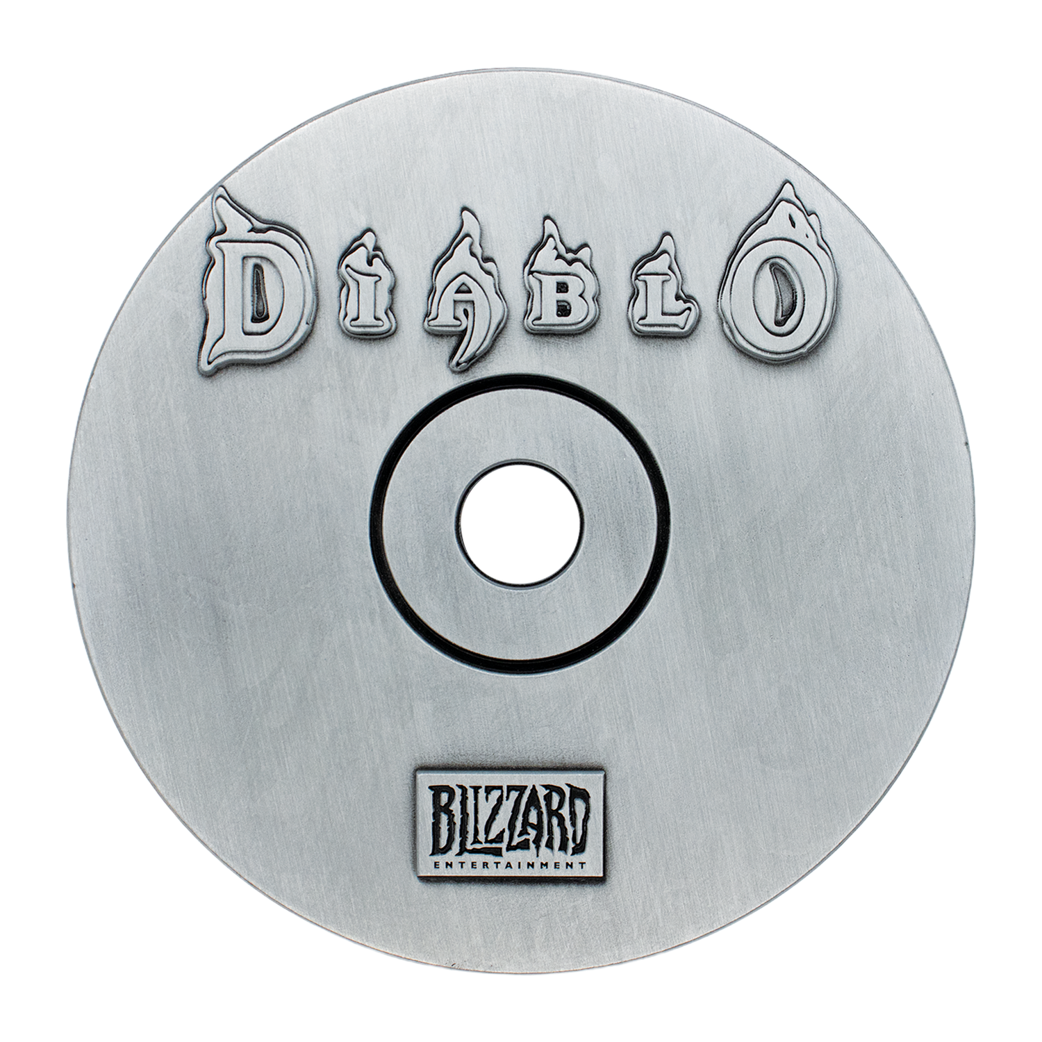 Un CD plateado de Diablo con letras de llamas y el logotipo de Blizzard sobre fondo negro.