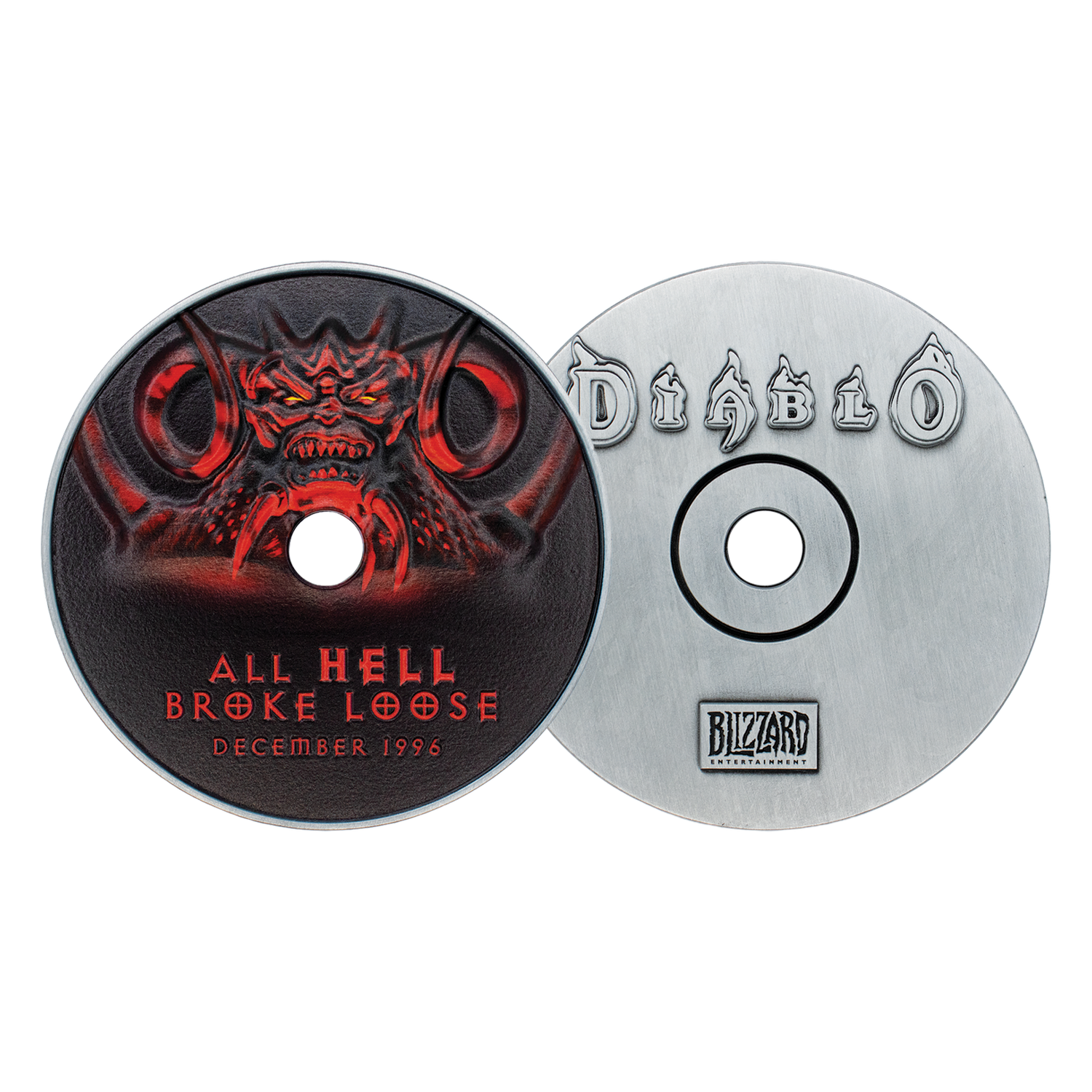 Dos CD-ROMs de Diablo: uno muestra un demonio rojo con texto, el otro el logotipo de Diablo y Blizzard.