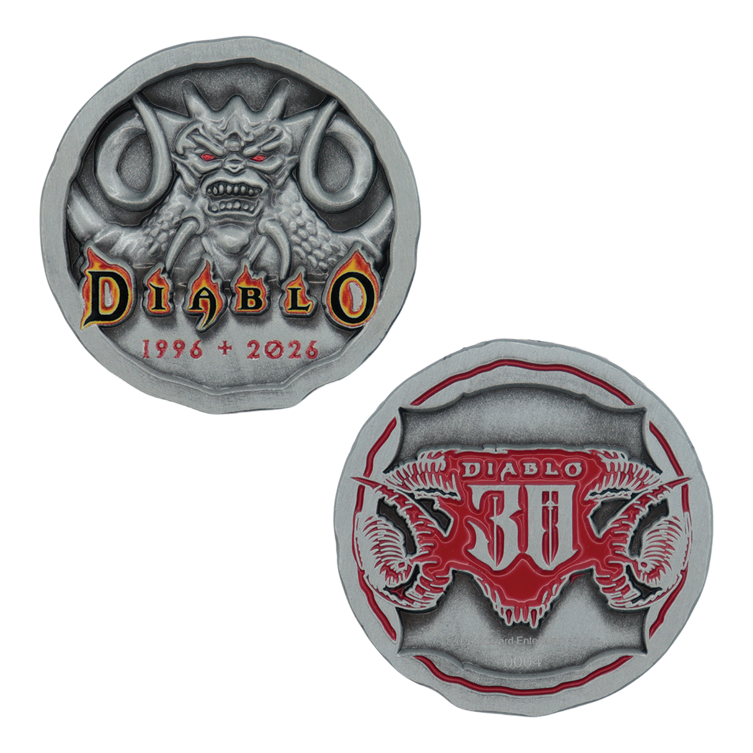 Dos caras de una moneda plateada de Diablo con cara de demonio, los años 1996 y 2026 y el logotipo de Diablo 30.