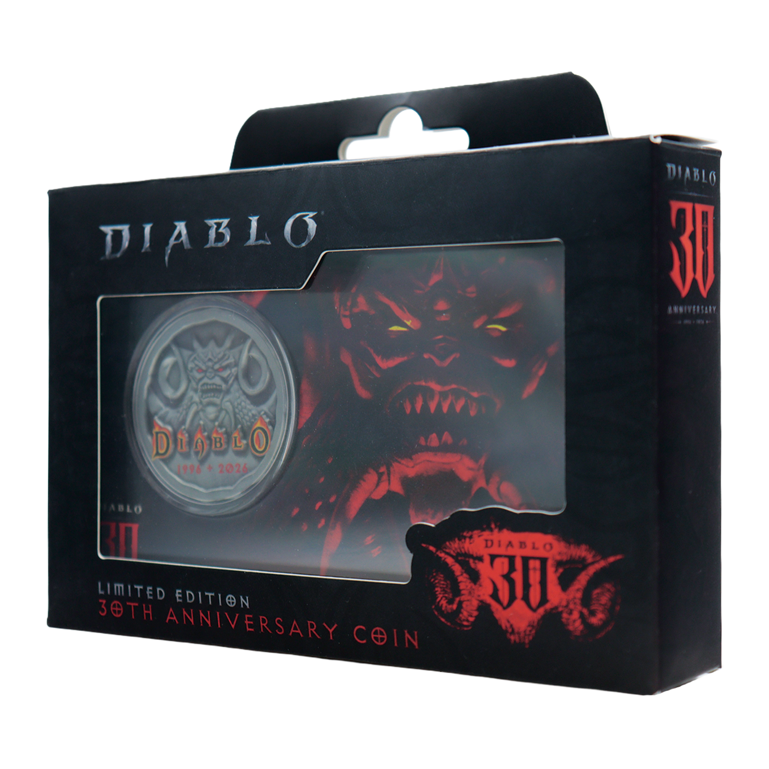 Caja de coleccionista negra de la edición limitada del 30 aniversario de Diablo con moneda y gráfico.