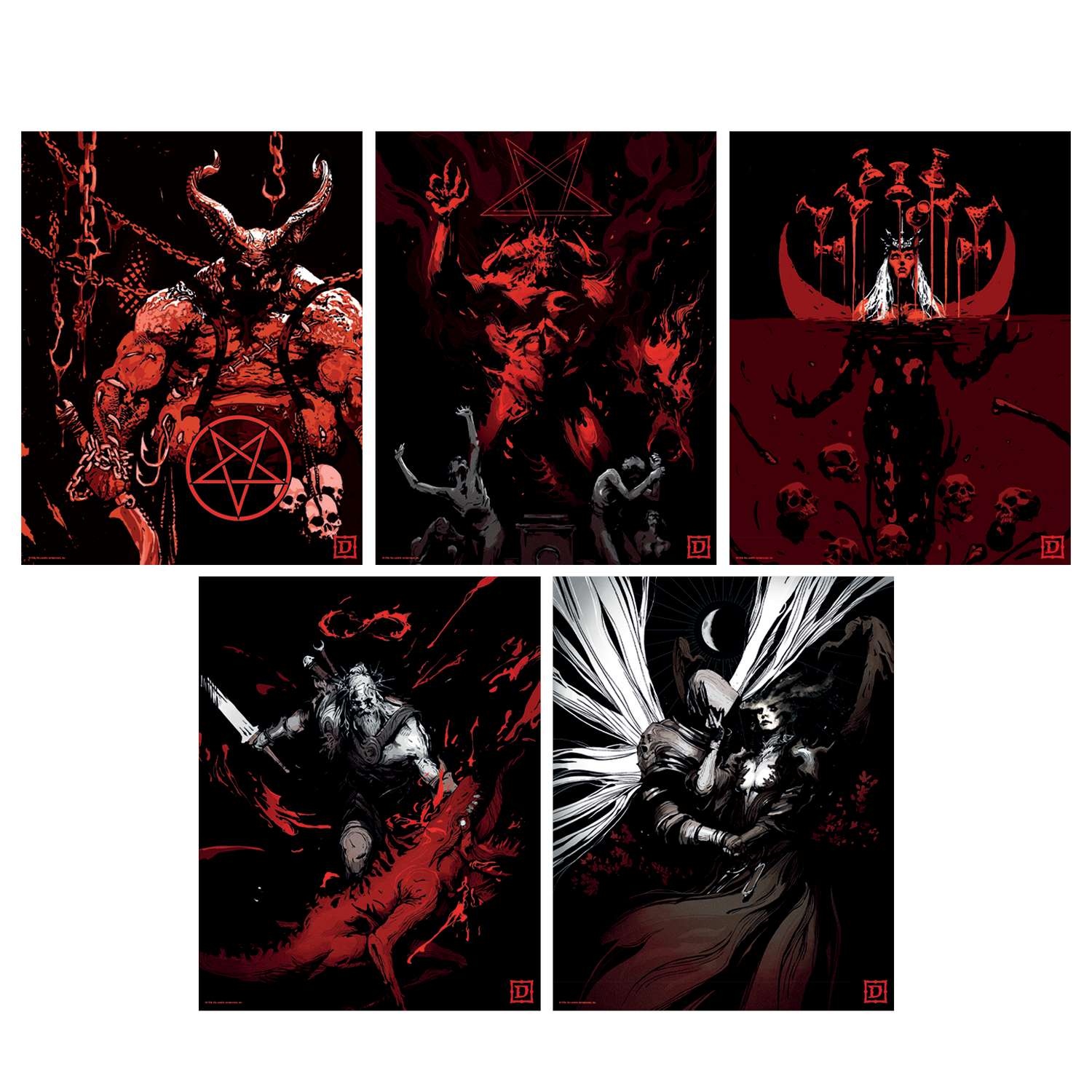 Cinco ilustraciones de fantasía oscura en rojo, blanco y negro con demonios, calaveras y figuras alegóricas.
