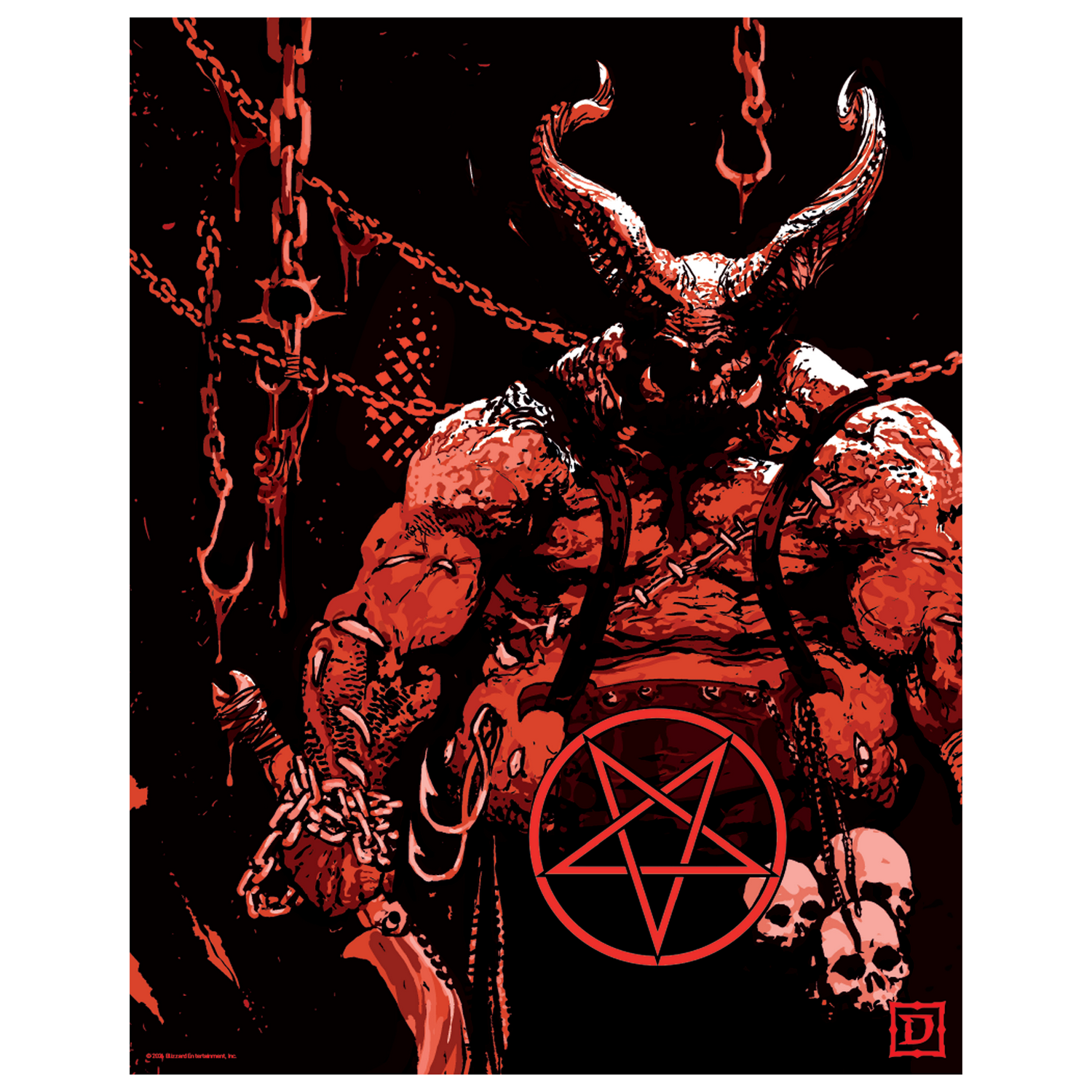 Ilustración en tonos rojos de un demonio con cuernos que sostiene una espada, rodeado de cadenas y calaveras con un pentagrama.