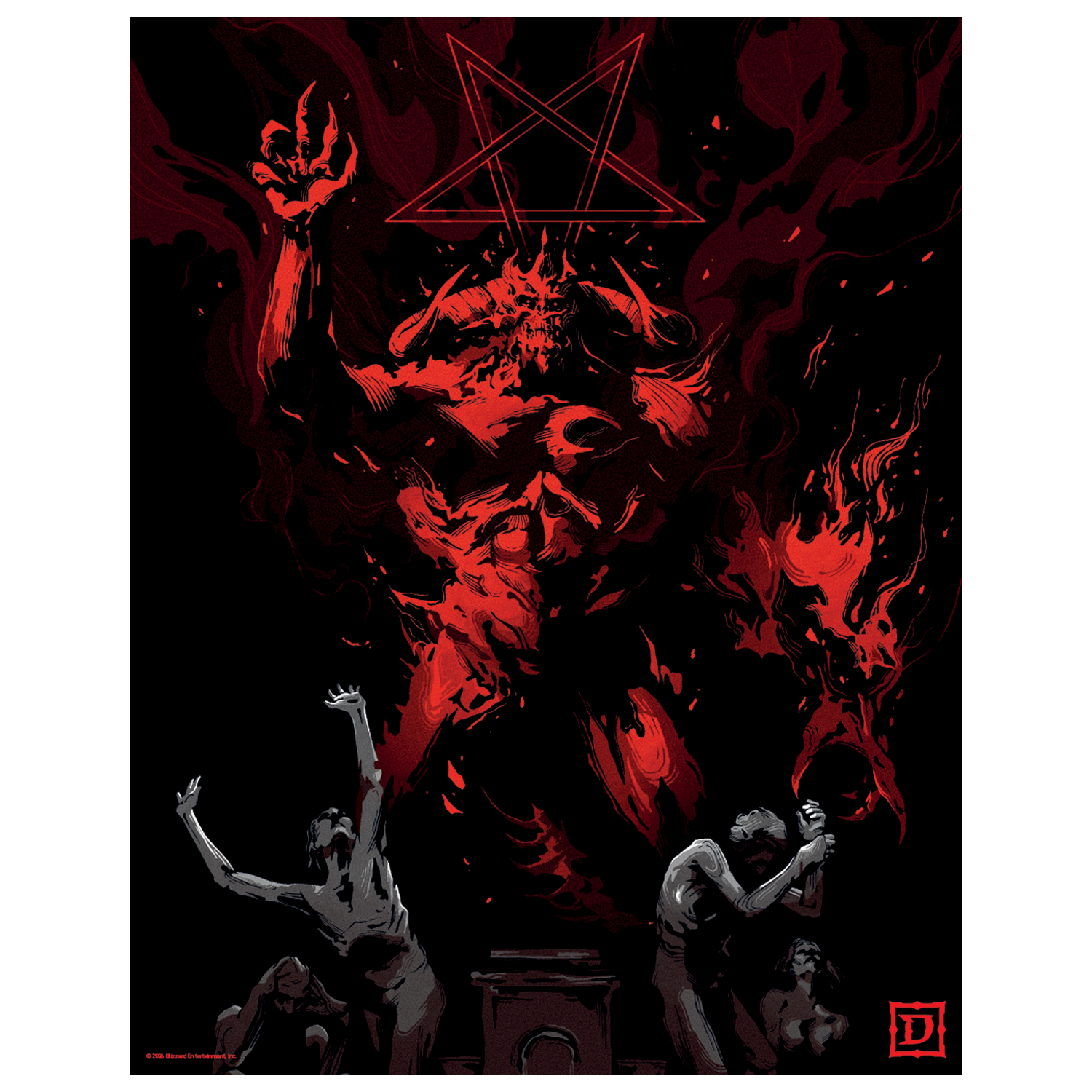 Un demonio rojo con cuernos se asoma sobre humanos bajo un pentagrama ardiente en una ilustración oscura.