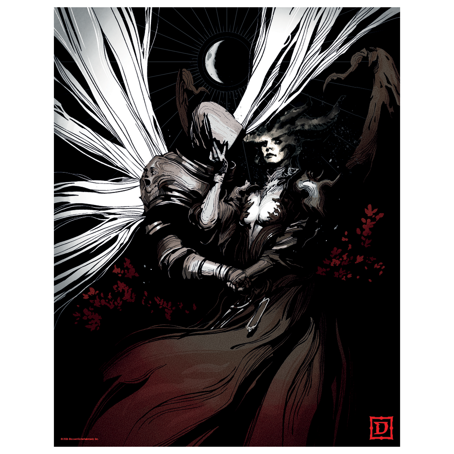 Ilustración de fantasía oscura con una figura alada y una mujer con cuernos sobre fondo negro.