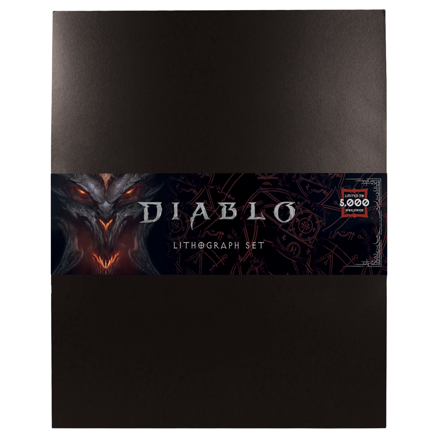 Carpeta negra del set de litografías de Diablo con cara de demonio roja y letras plateadas.