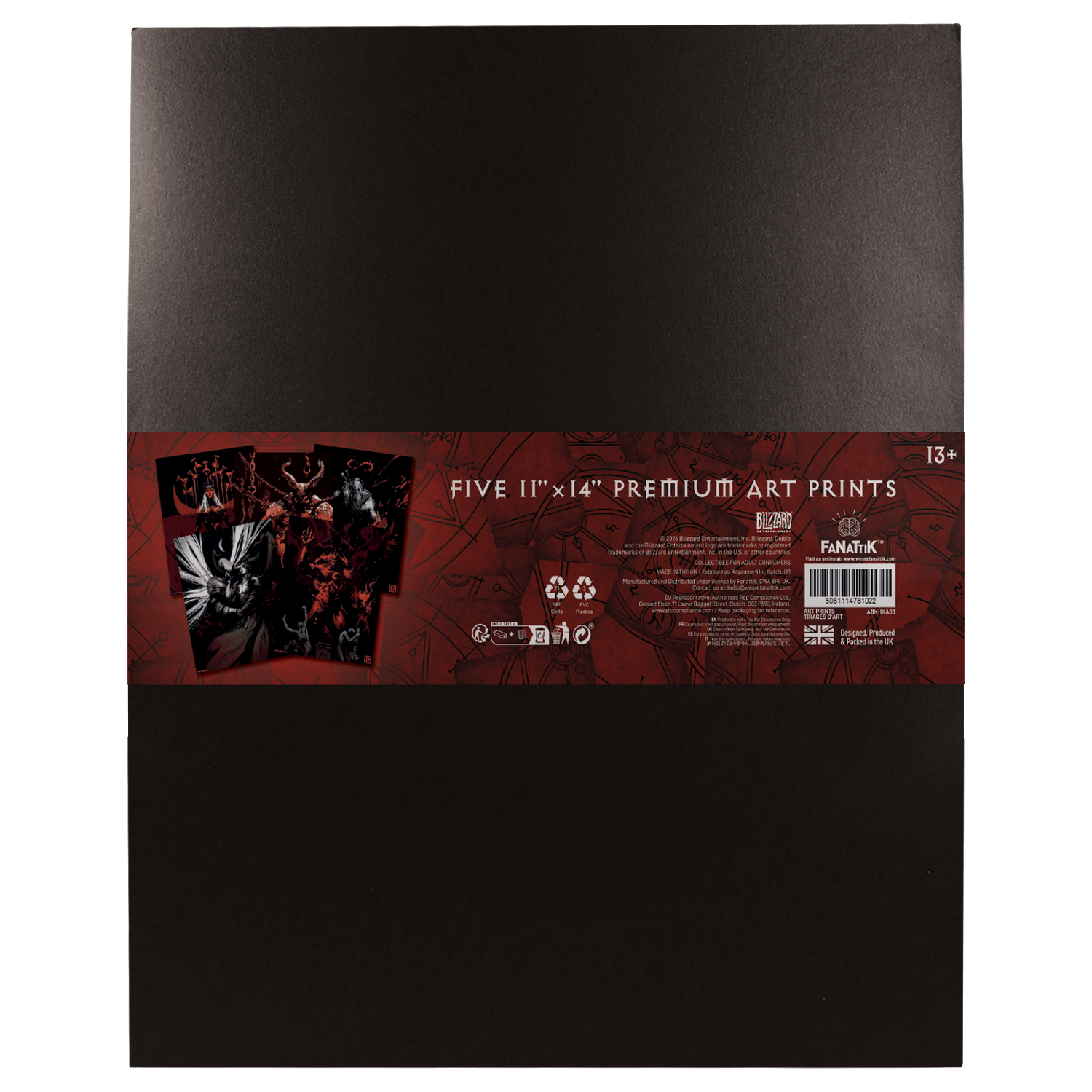 Carpeta negra con cinco láminas de Diablo, banda de papel con texto, código de barras y logotipo de Fanattik.