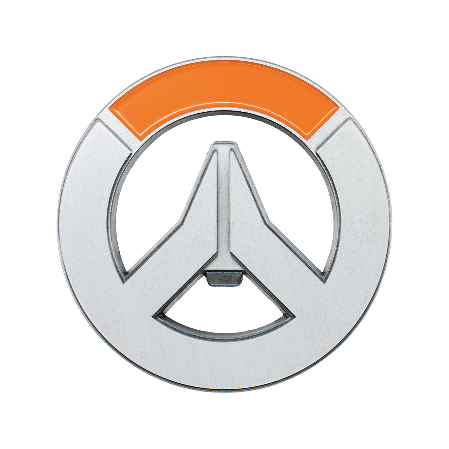 El logo plateado de Overwatch con un acento naranja arriba sobre fondo negro.