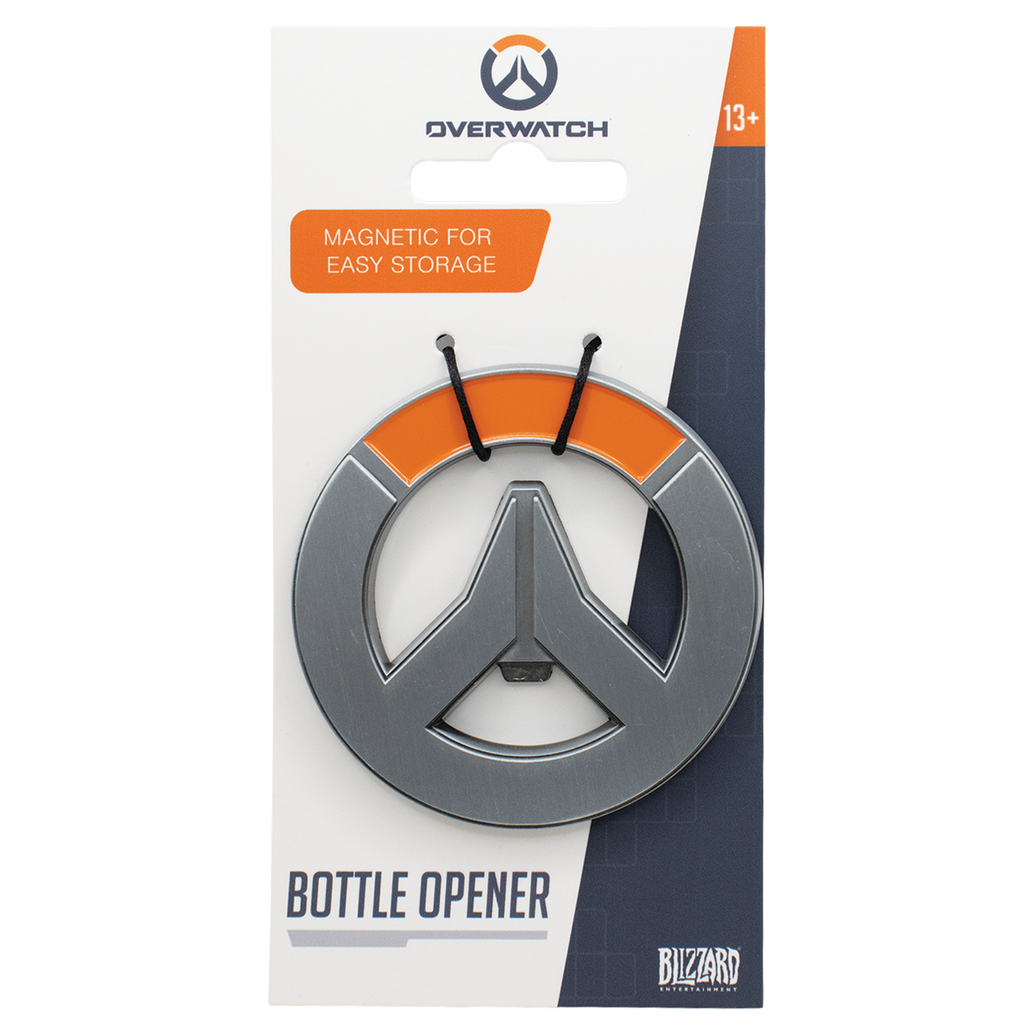 Abridor de botellas Overwatch en empaque, plateado y naranja con imán.