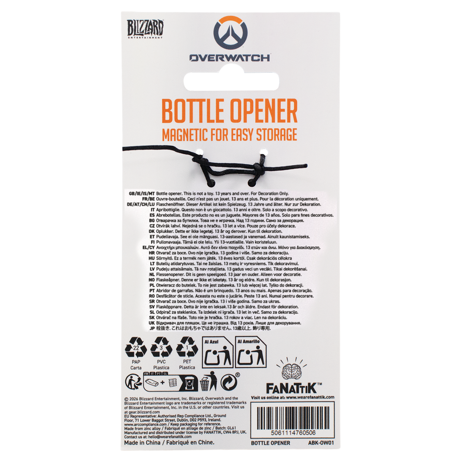 Empaque de abridor de botellas Overwatch con advertencias.