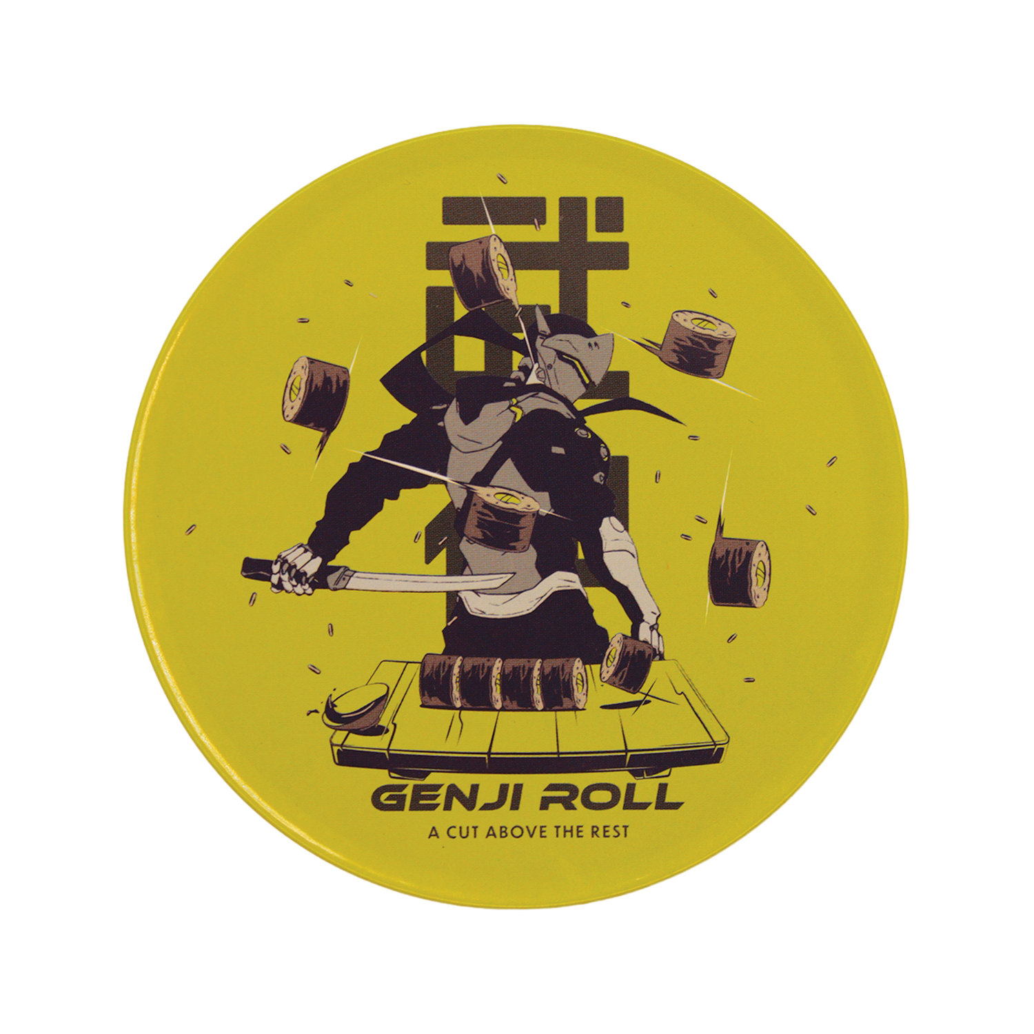 Letrero redondo con Genji cortando rollos de sushi sobre fondo amarillo con texto.