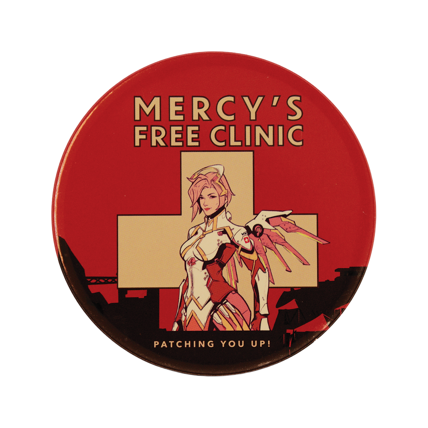 Un botón rojo muestra a una mujer anime con alas frente a una cruz, con texto "Mercy's Free Clinic".