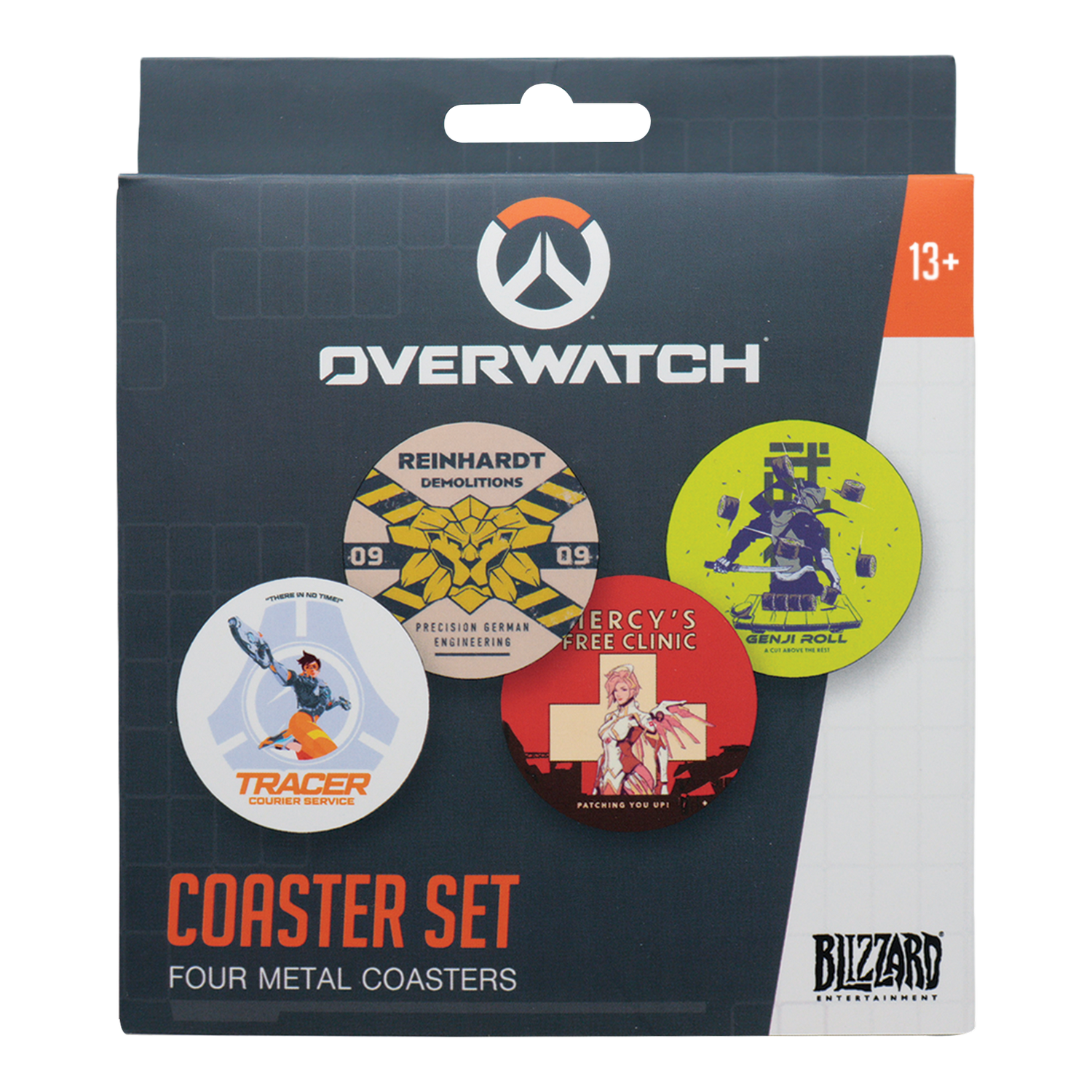 Una caja de posavasos de metal de Overwatch con cuatro posavasos circulares temáticos.