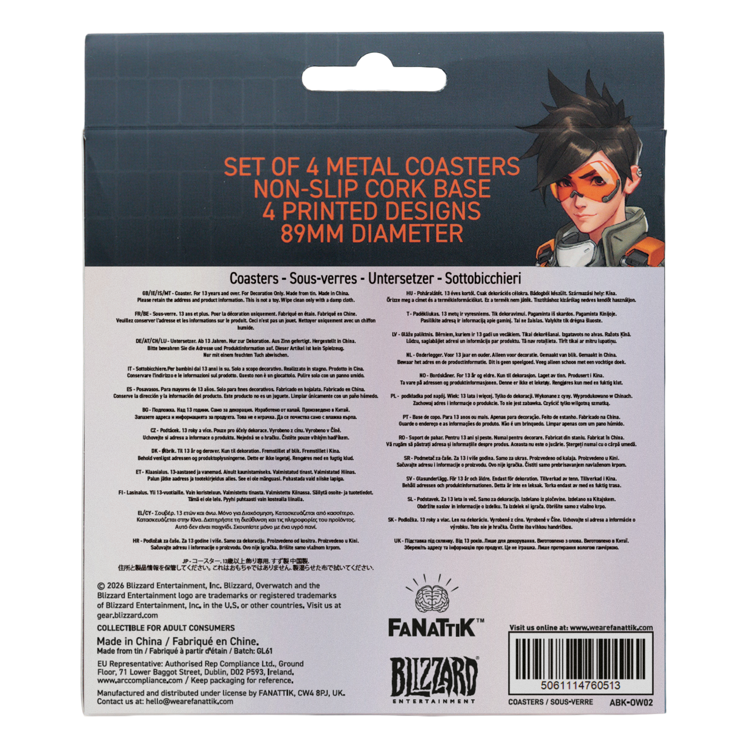Parte trasera de un empaque de posavasos de Overwatch con texto y arte de personajes.
