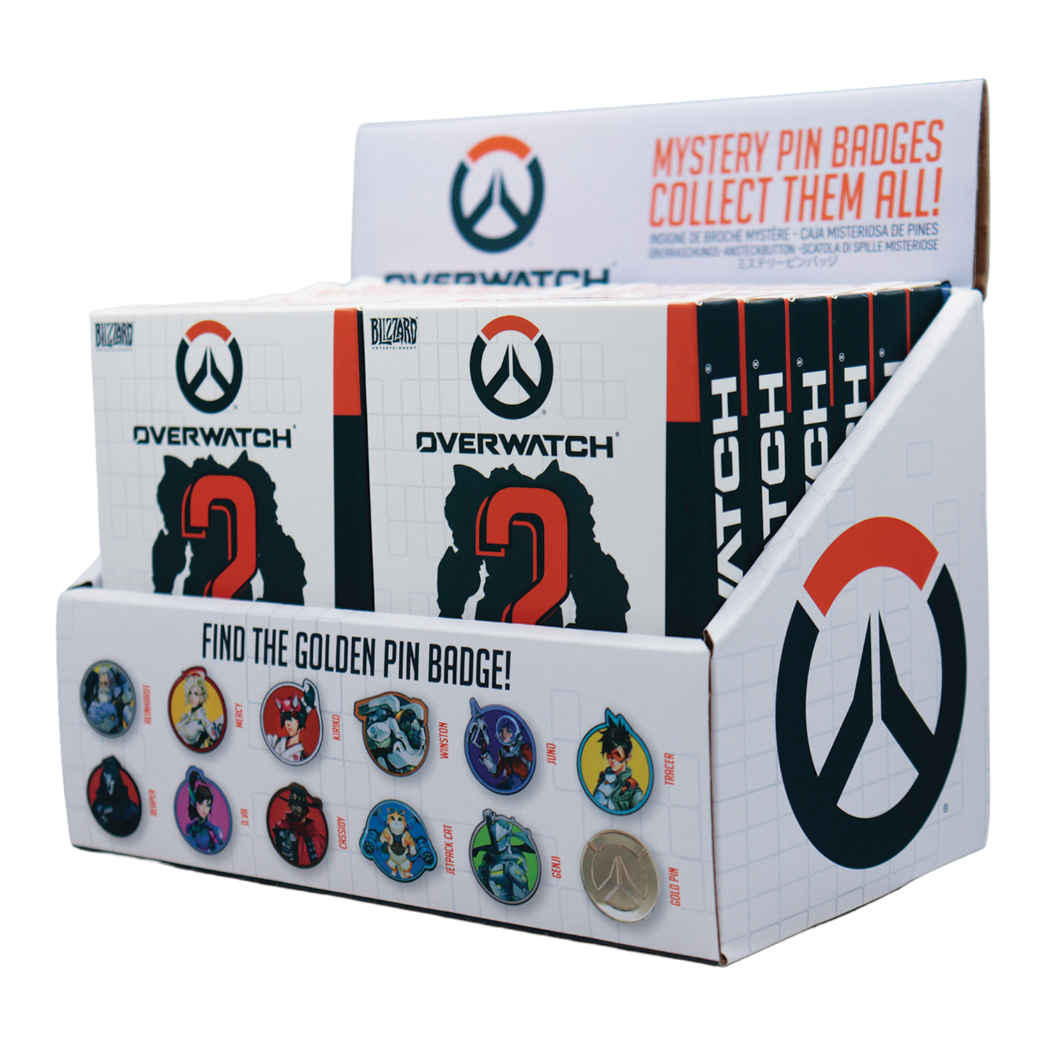 Una caja expositora de cartón con pines misteriosos de Overwatch que muestra varios héroes en el panel frontal.