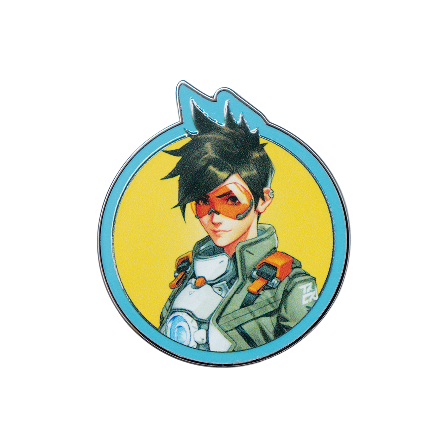 Pin redondo que muestra a Tracer de Overwatch con fondo amarillo y marco celeste.
