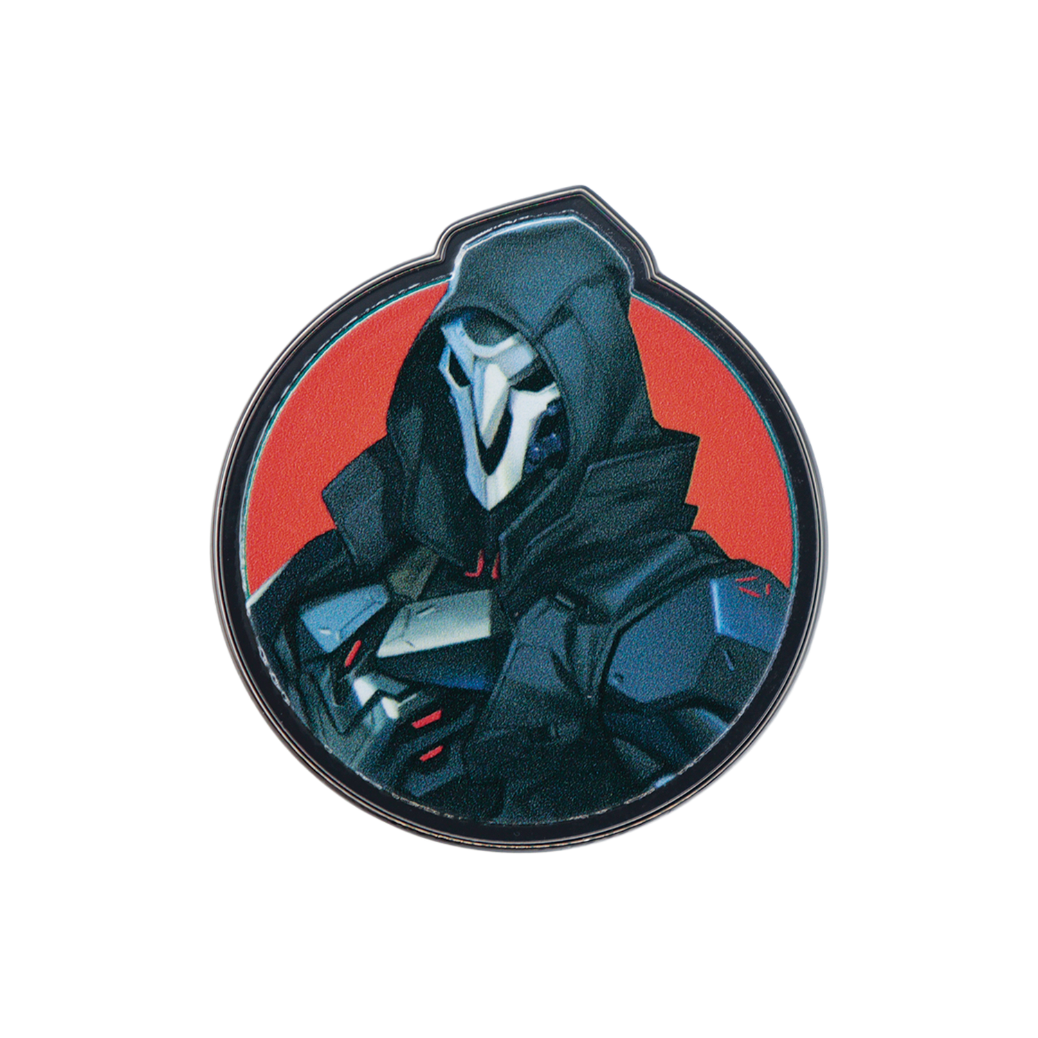 Pin redondo que muestra a Reaper de Overwatch con armadura oscura y capucha sobre fondo rojo.