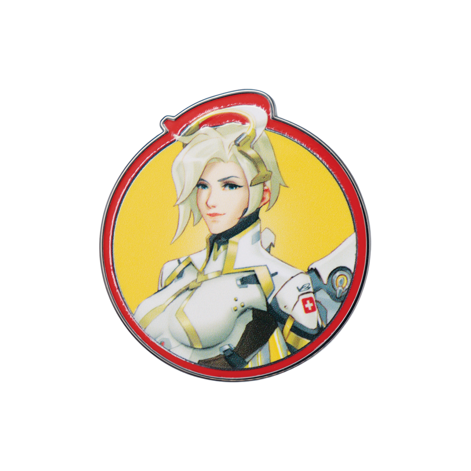 Pin redondo con Mercy de Overwatch sobre fondo amarillo y borde rojo.