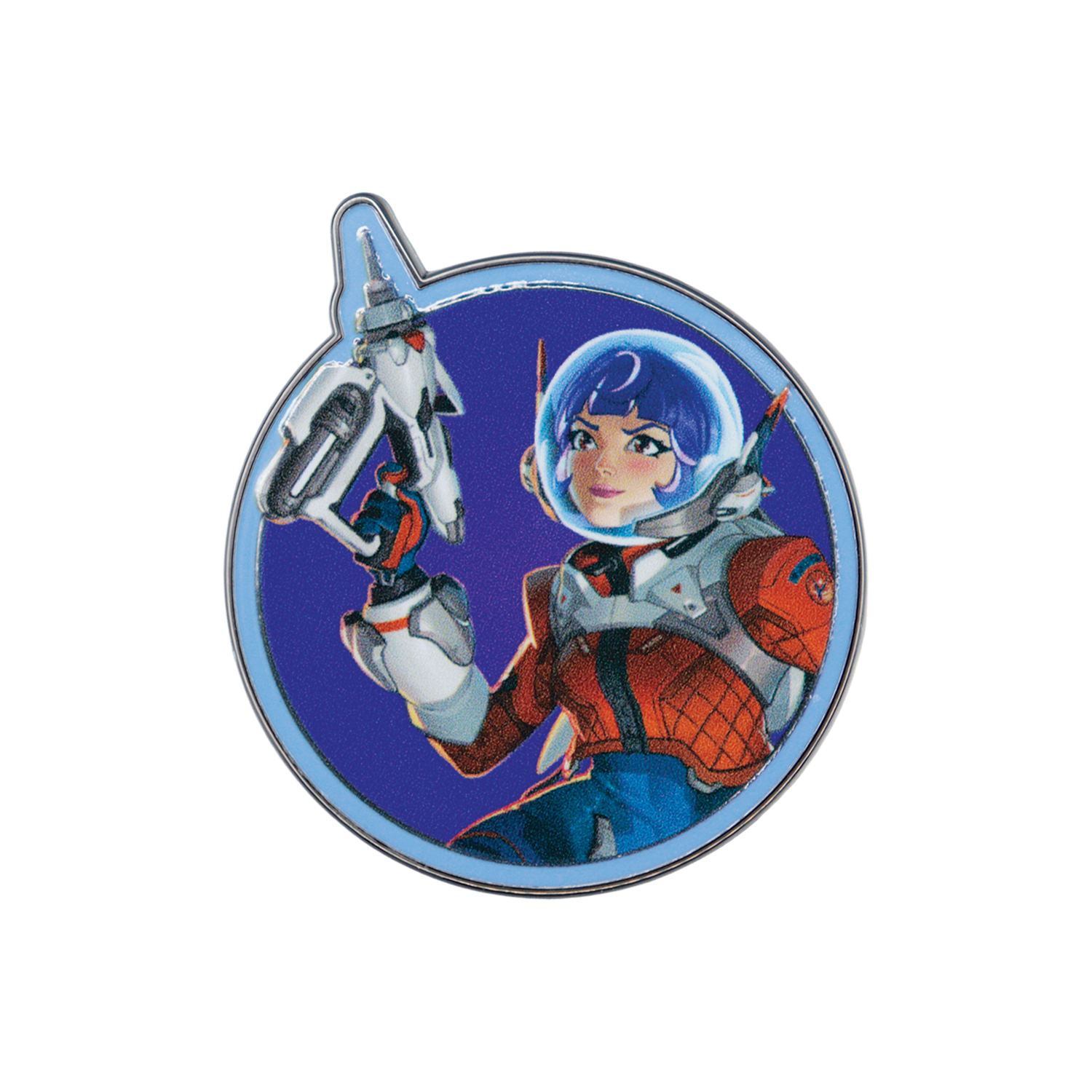 Pin redondo que muestra a una astronauta con traje espacial, casco y arma de ciencia ficción sobre fondo azul.
