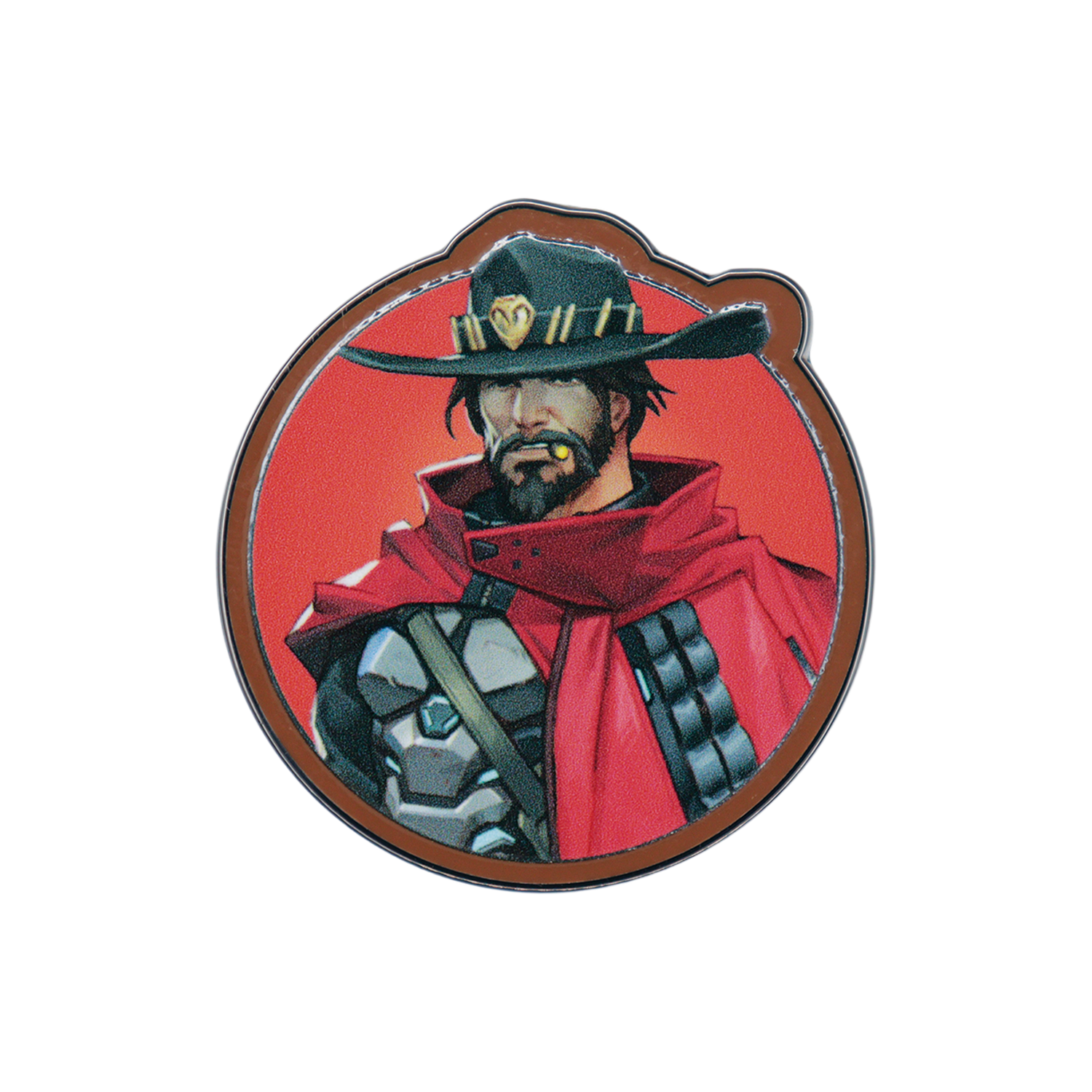 Pin redondo con una ilustración de Cole Cassidy de Overwatch en rojo y negro.
