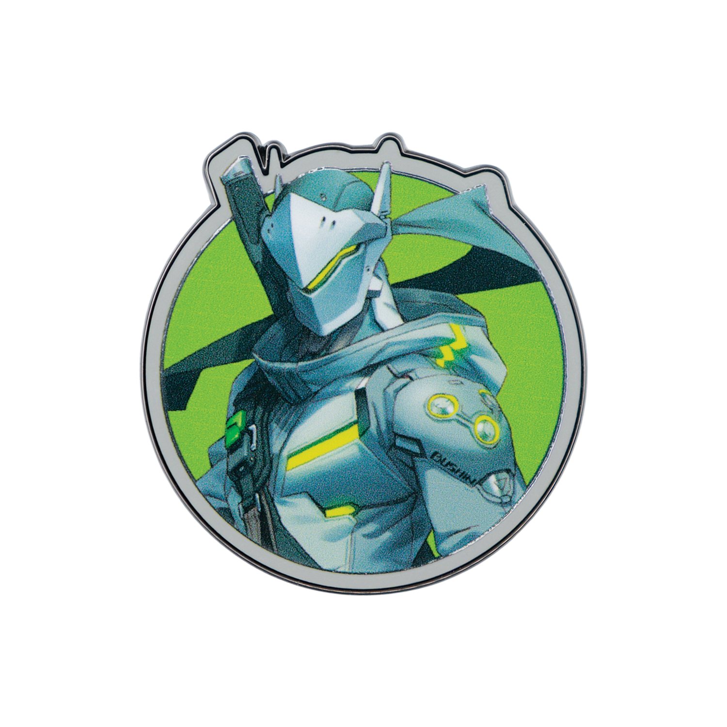 Pin metálico redondo muestra a Genji con armadura gris-azulada y detalles amarillos sobre fondo verde.
