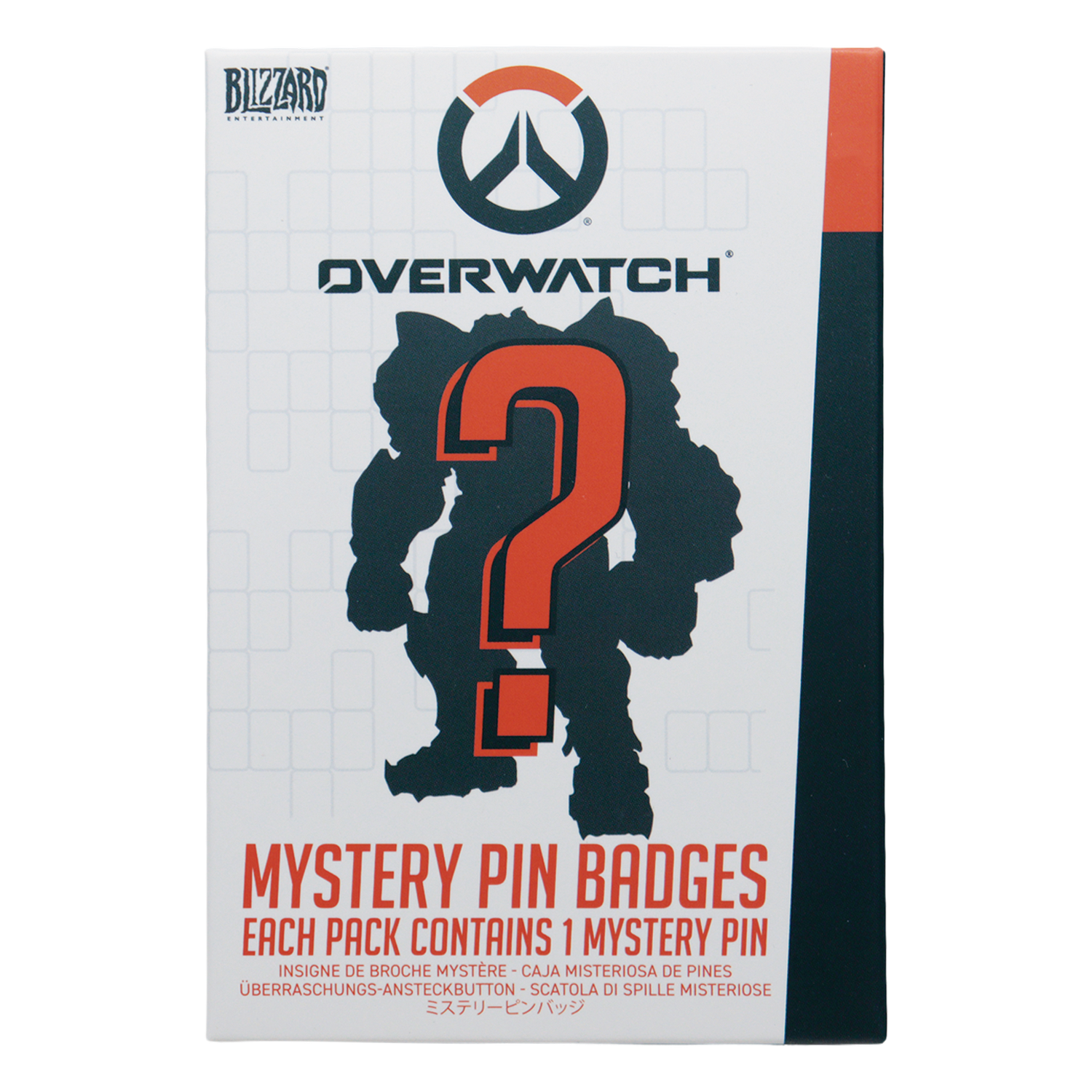 Embalaje de Overwatch Mystery Pin Badges con una silueta de signo de interrogación.