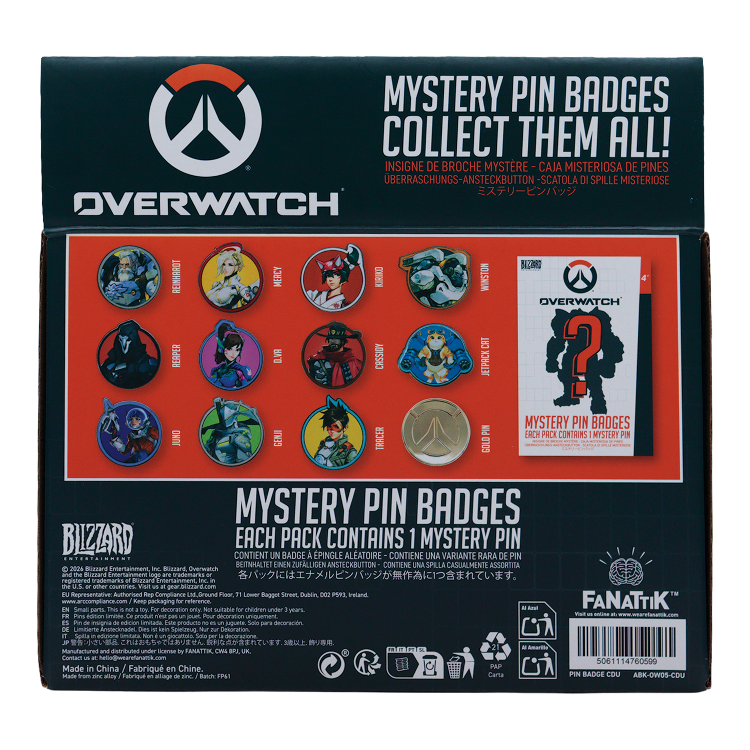 Caja de pines misteriosos de Overwatch con once pines circulares de personajes y un gráfico de paquete.