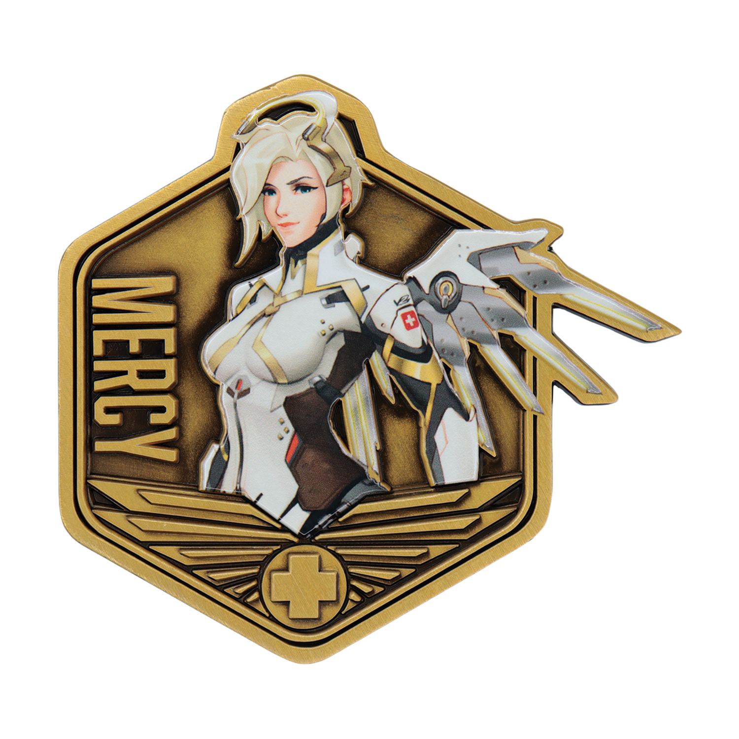 Insignia dorada de Mercy en hexágono con ala blanca y cruz.