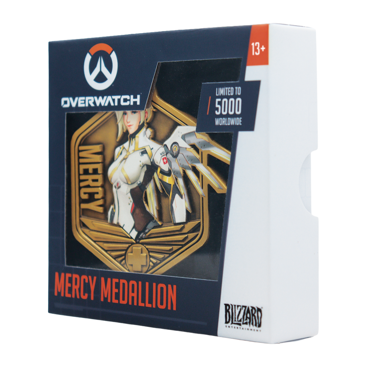 Caja de medallón de Mercy de Overwatch limitada con insignia dorada.