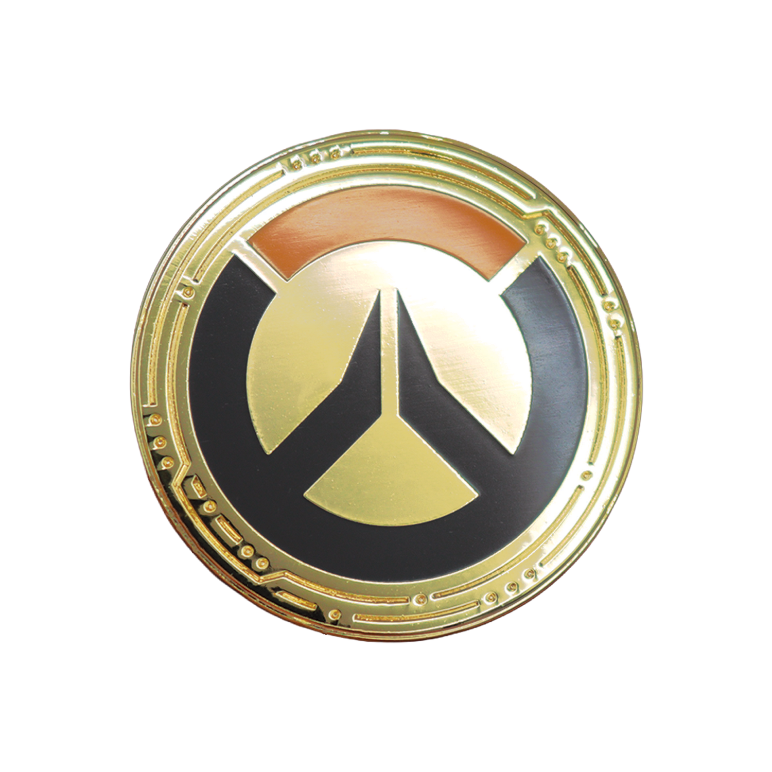Medallón circular dorado de Overwatch con un logotipo negro y naranja sobre fondo negro.