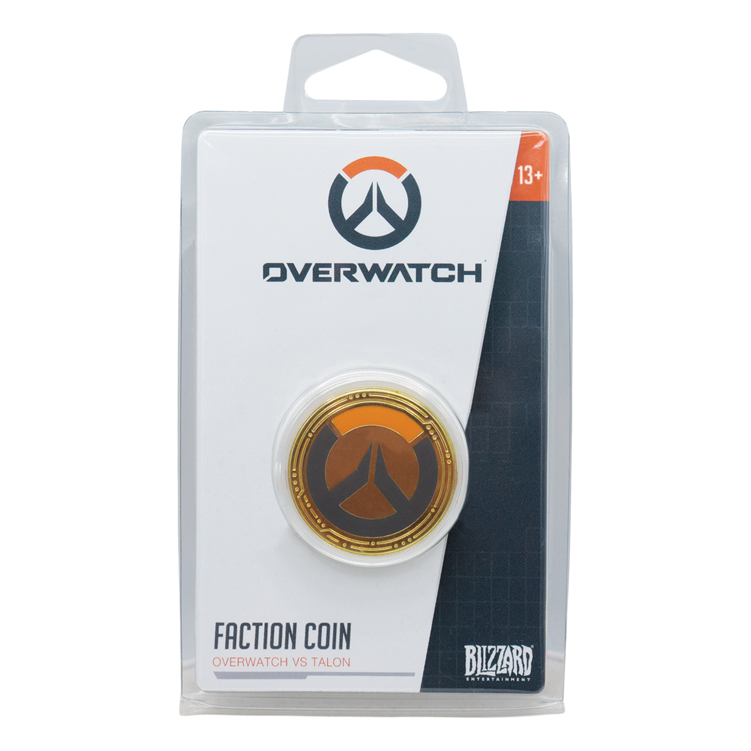 Una moneda de facción de Overwatch en un empaque de plástico cerrado con el logotipo sobre fondo blanco y gris.
